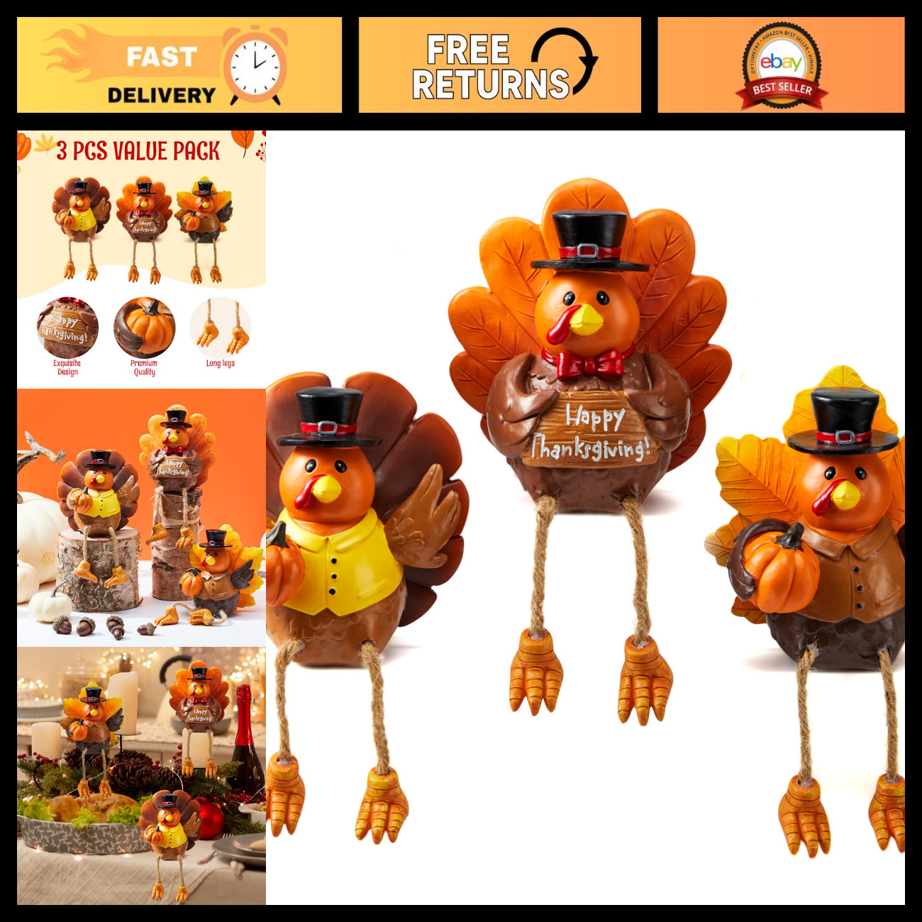 Thanksgiving Turkey Tabletop Centerpiece Set - 3 Resin Figurines for Fall Decor