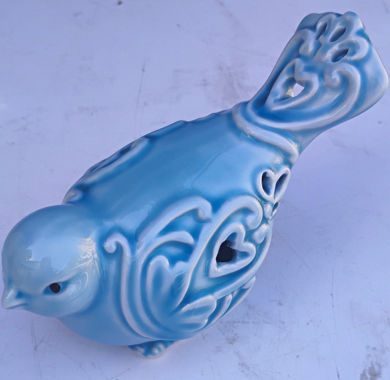Ceramic Bluebird Figurine with Heart Cutout Design, Blue Bird Decor