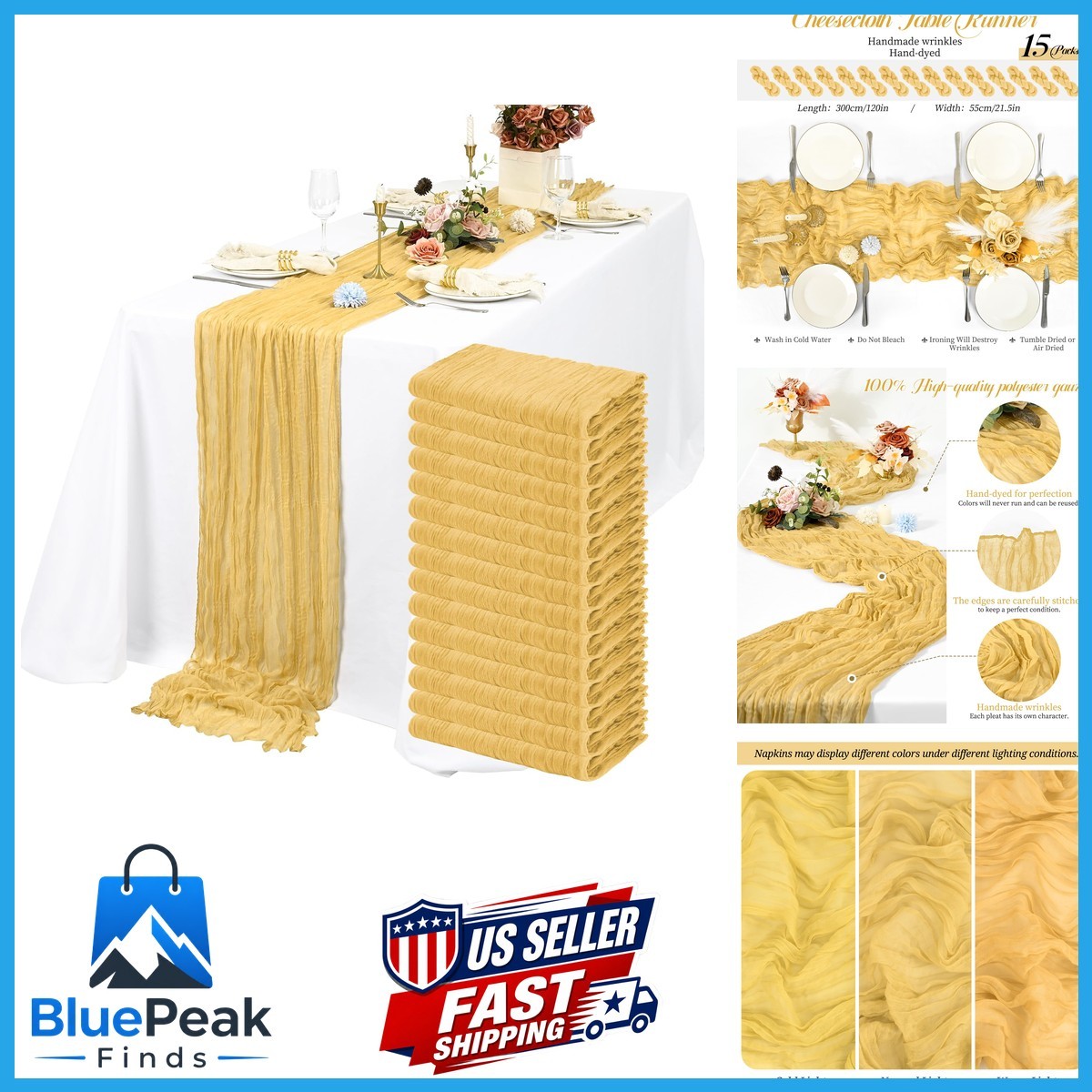 Lykoow 15 Packs Cheesecloth Table Runner Gold,10 Ft Rustic Gauze Boho Wedding