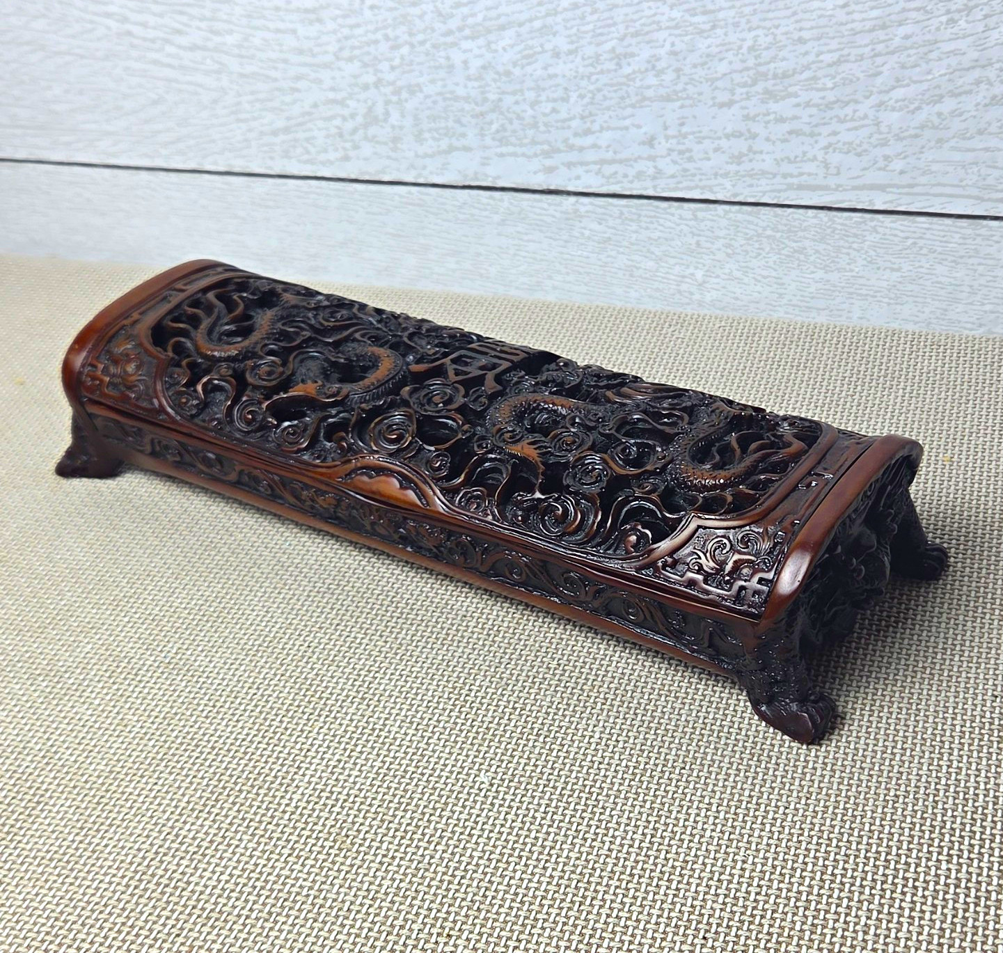Vintage Chinese Resin Dragon Box Faux Tortoiseshell Shou Stamped Seal Mark 10.5