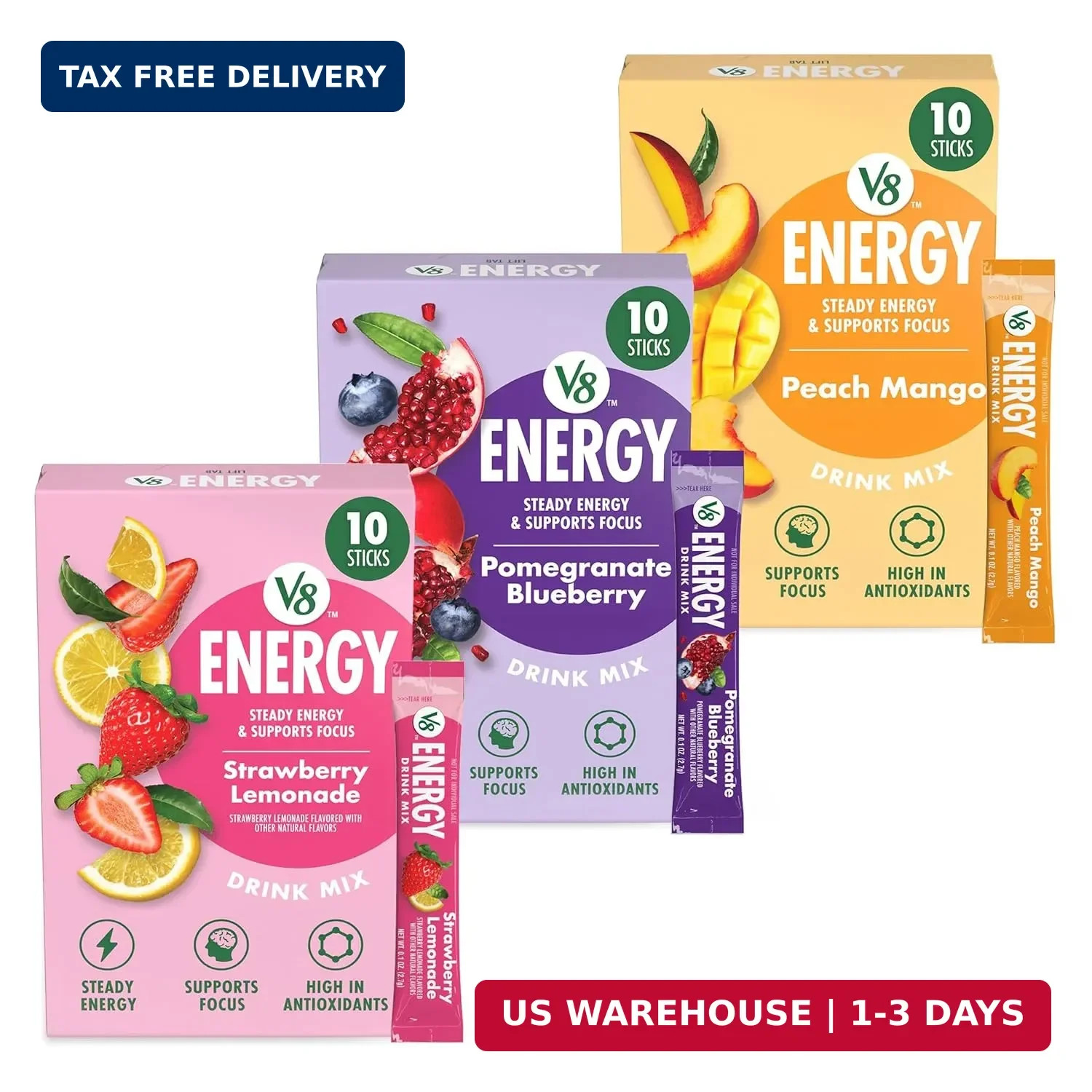 Bundle of V8 Energy Strawberry Lemonade, Peach Mango, & Pomegranate Blueberry En