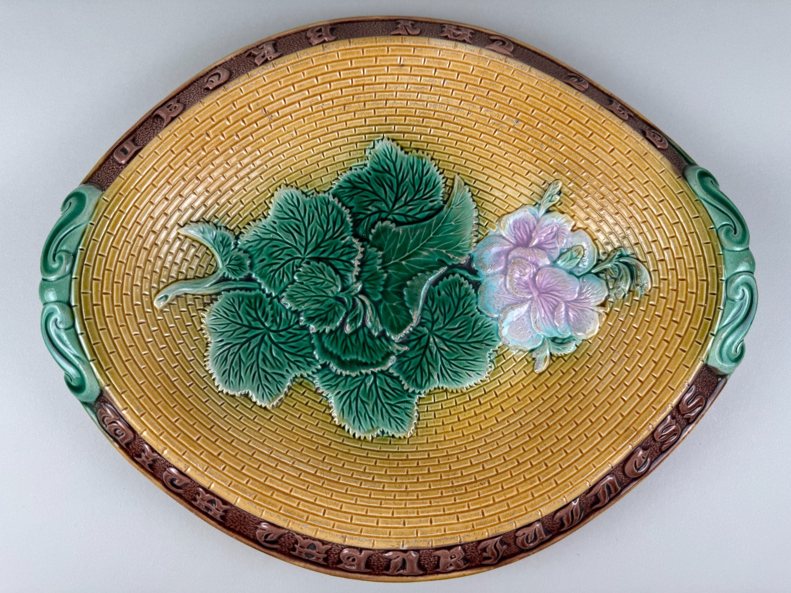 Adams & Bromley Victorian Majolica Motto Bread Tray Geranium Basketweave c.1875