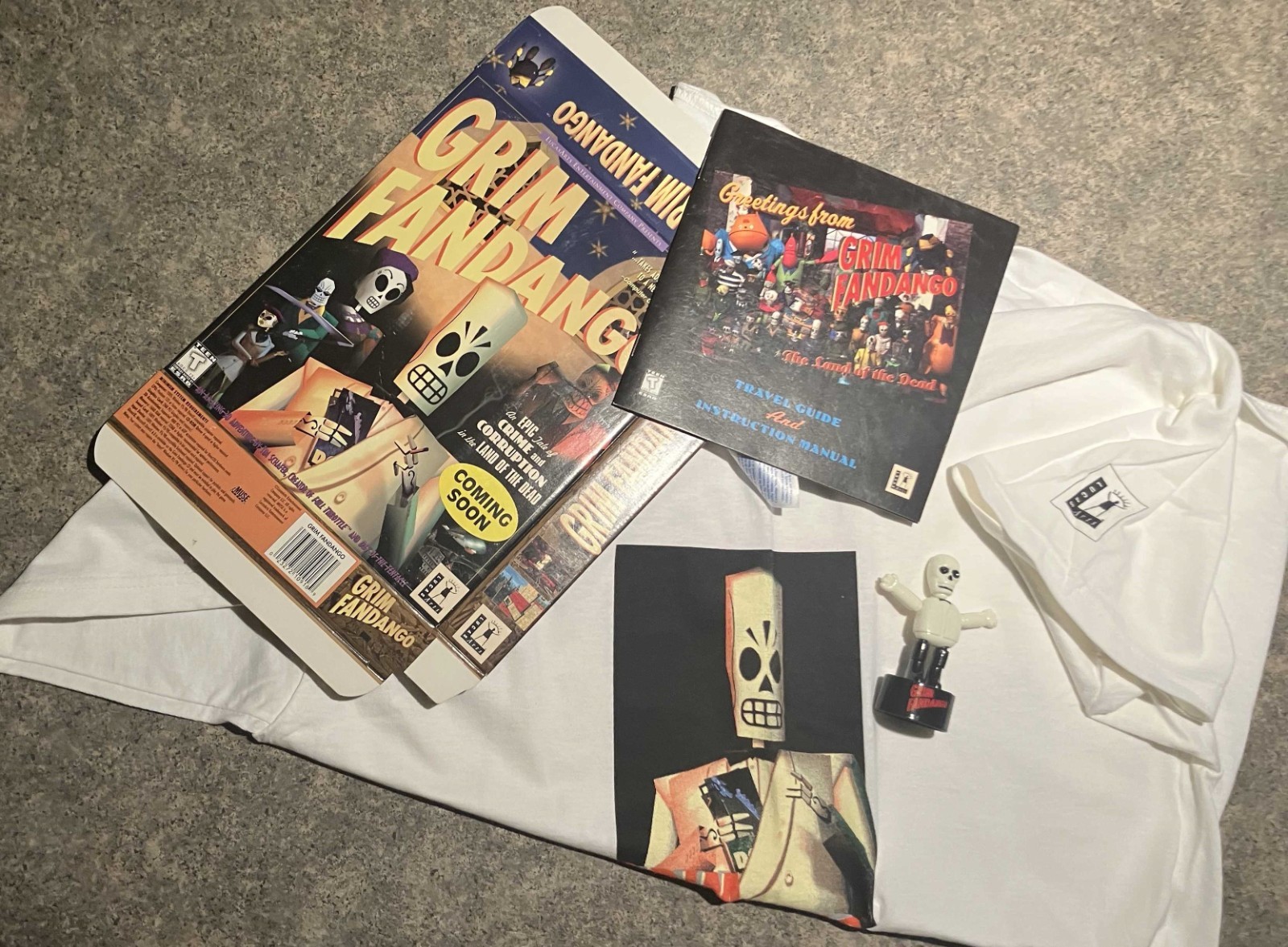 VTG Grim Fandango Lot of PROMO items, T-Shirt, counter display, booklet, puppet