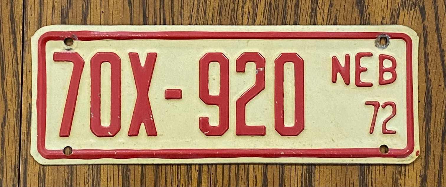 Vintage 1972 NEBRASKA 70X 920 License Plate Rare Tag