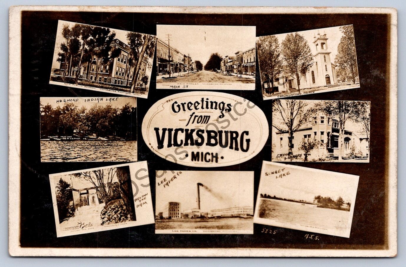 K69/ Vicksburg Michigan RPPC Postcard c1910 8View Main St School Paper Co 4