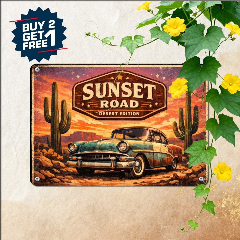 Desert Cactus Sunset Landscape Sign Scenic Southwest Travel Metal Tin Decor