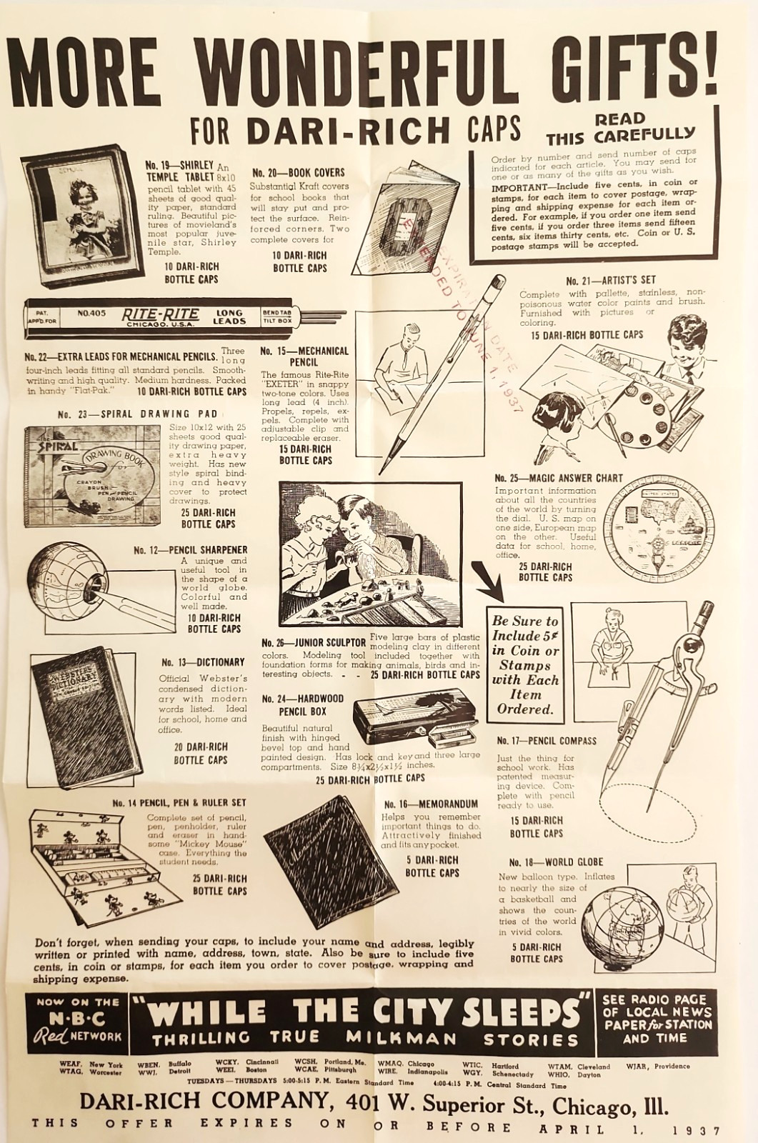 1937 Dari-Rich Bottle Caps Premium Advertising Mailer Sheet Shirley Temple Radio
