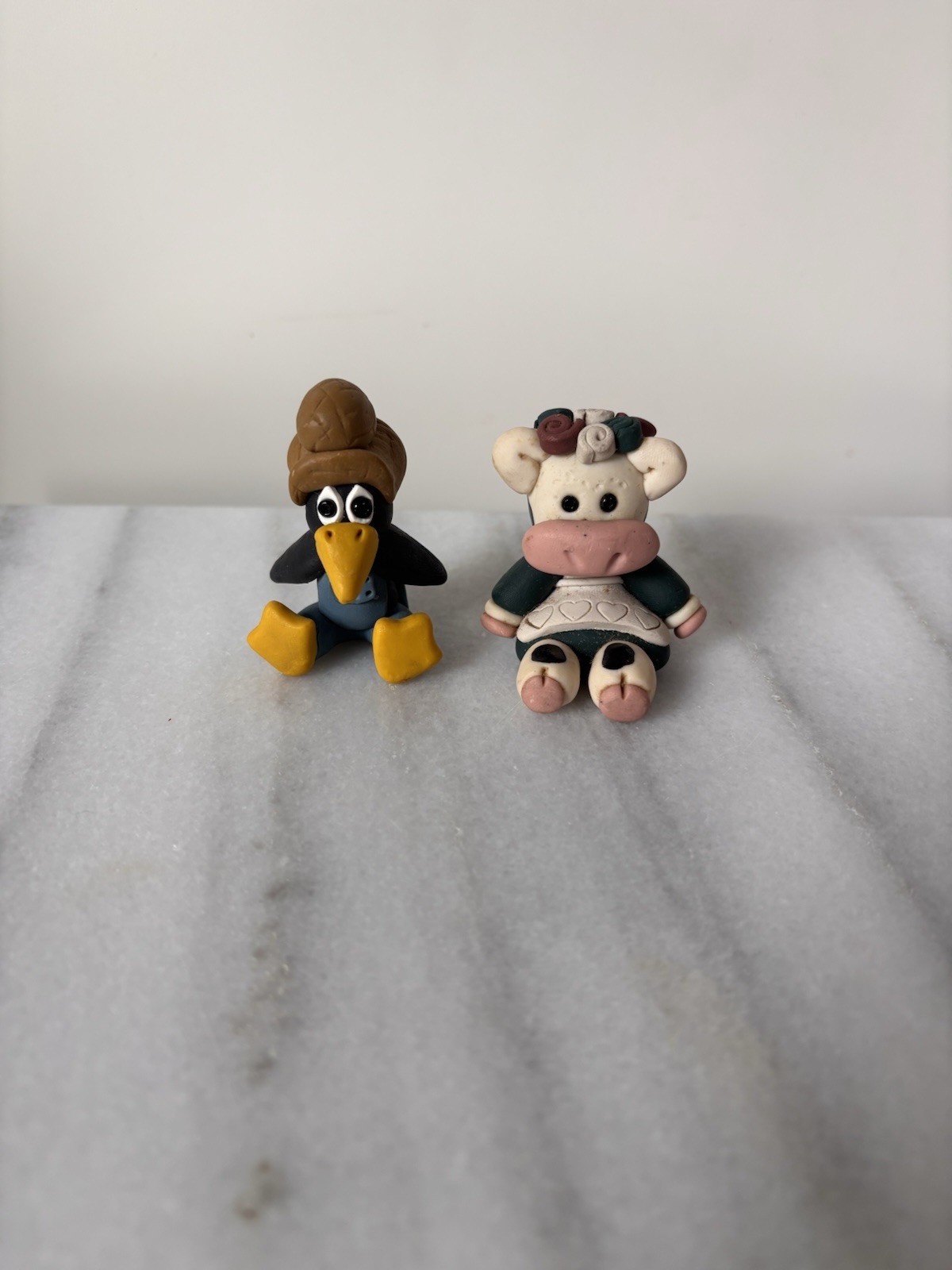 Vintage 1994 Suzi Skoglund Little Blessings Clay Figurines Crow Cow Lot Of 2