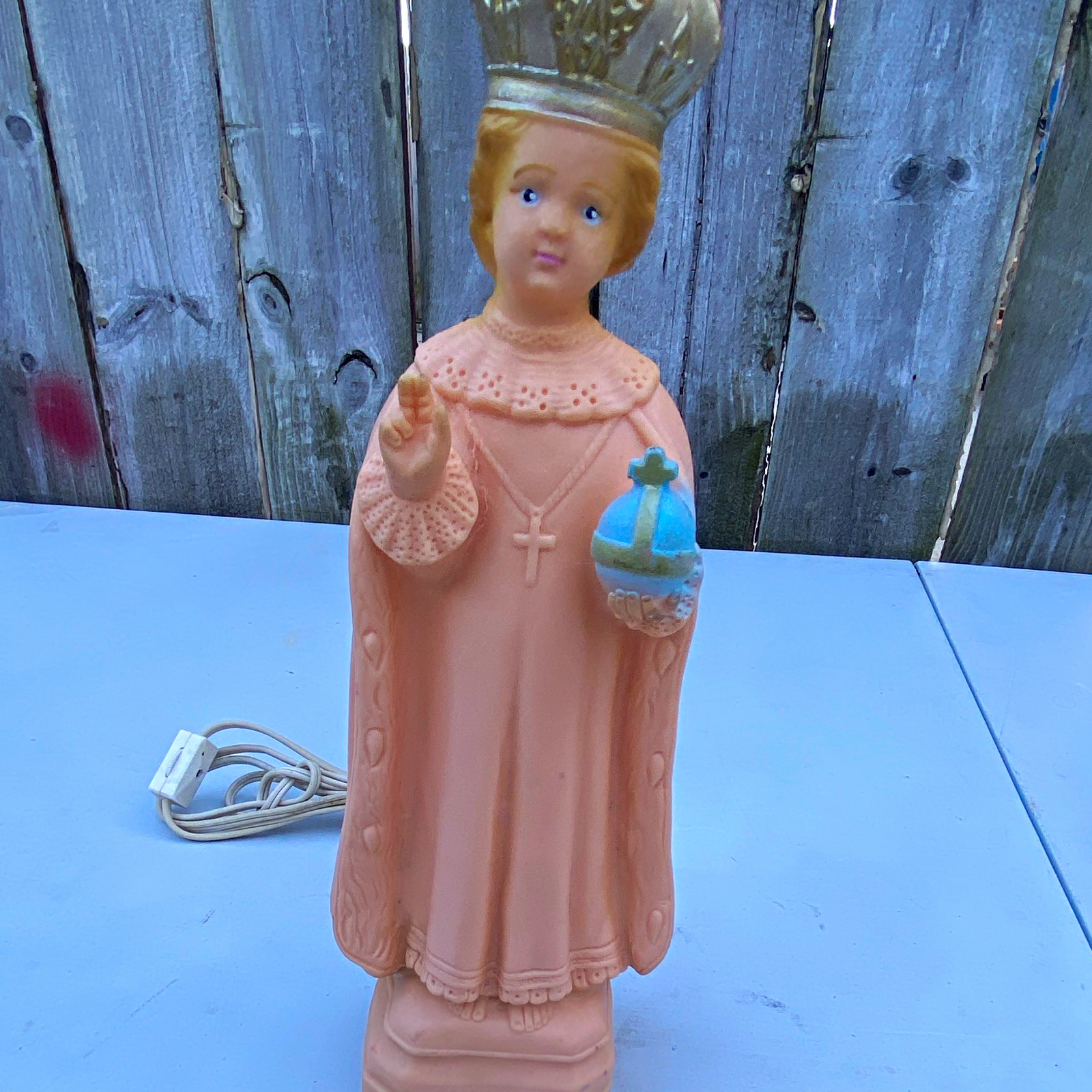 Vintage Christianity Lighted Child Jesus Statue Figurine Crown Cross Globe