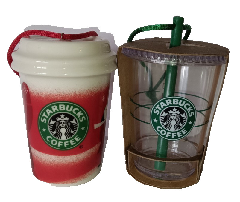 2 Vtg Starbucks Xmas Holiday Ornaments 2010 Porcelain Coffee + Plastic Cold Cup