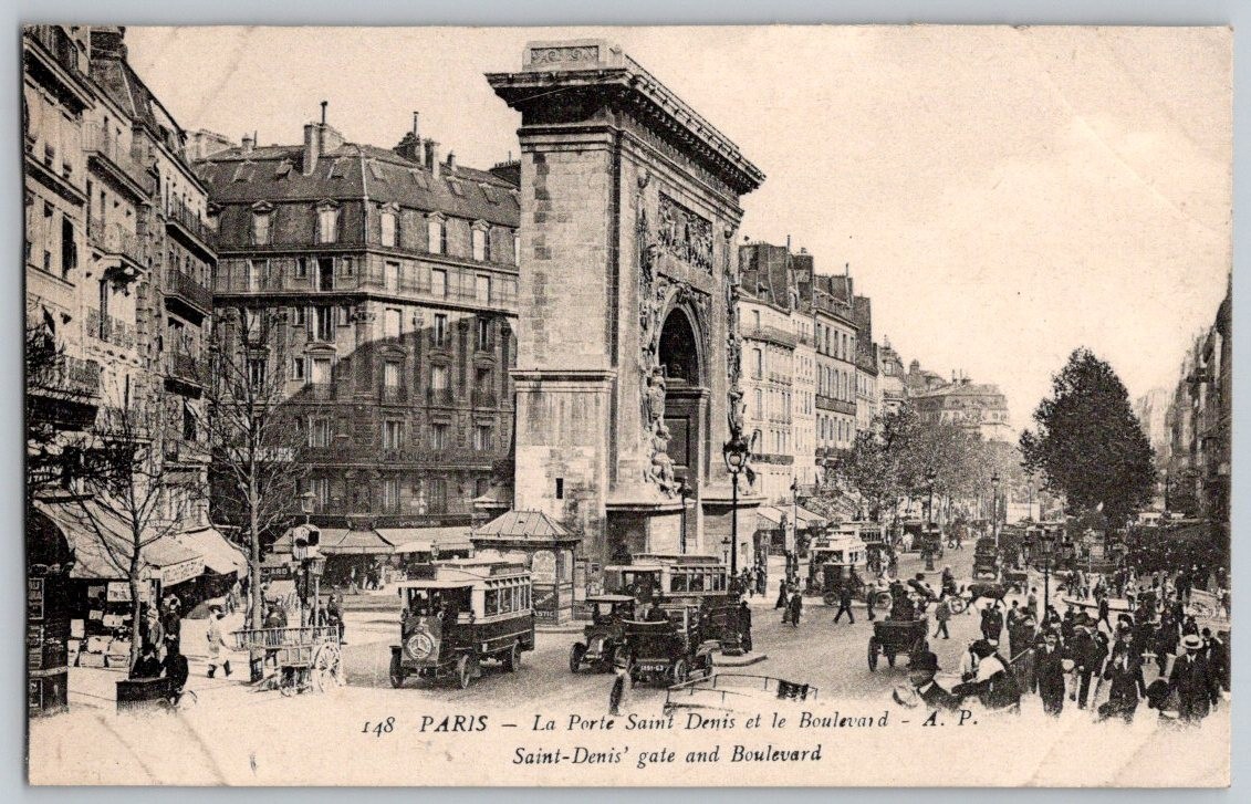 Vintage France Paris porte saint denis boulevard & gate busy city Postcard #1787