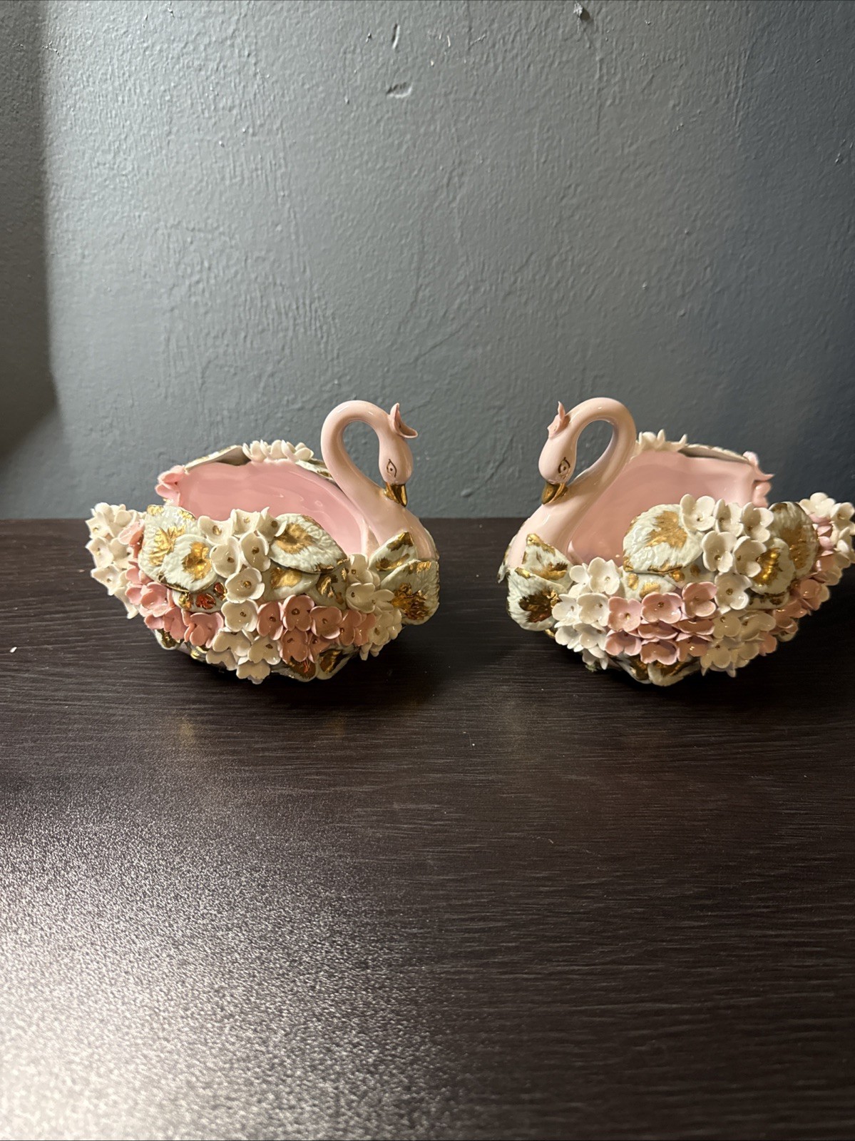 Pair Of Vintage Hand Painted Porcelain Swan Trinket Dish
