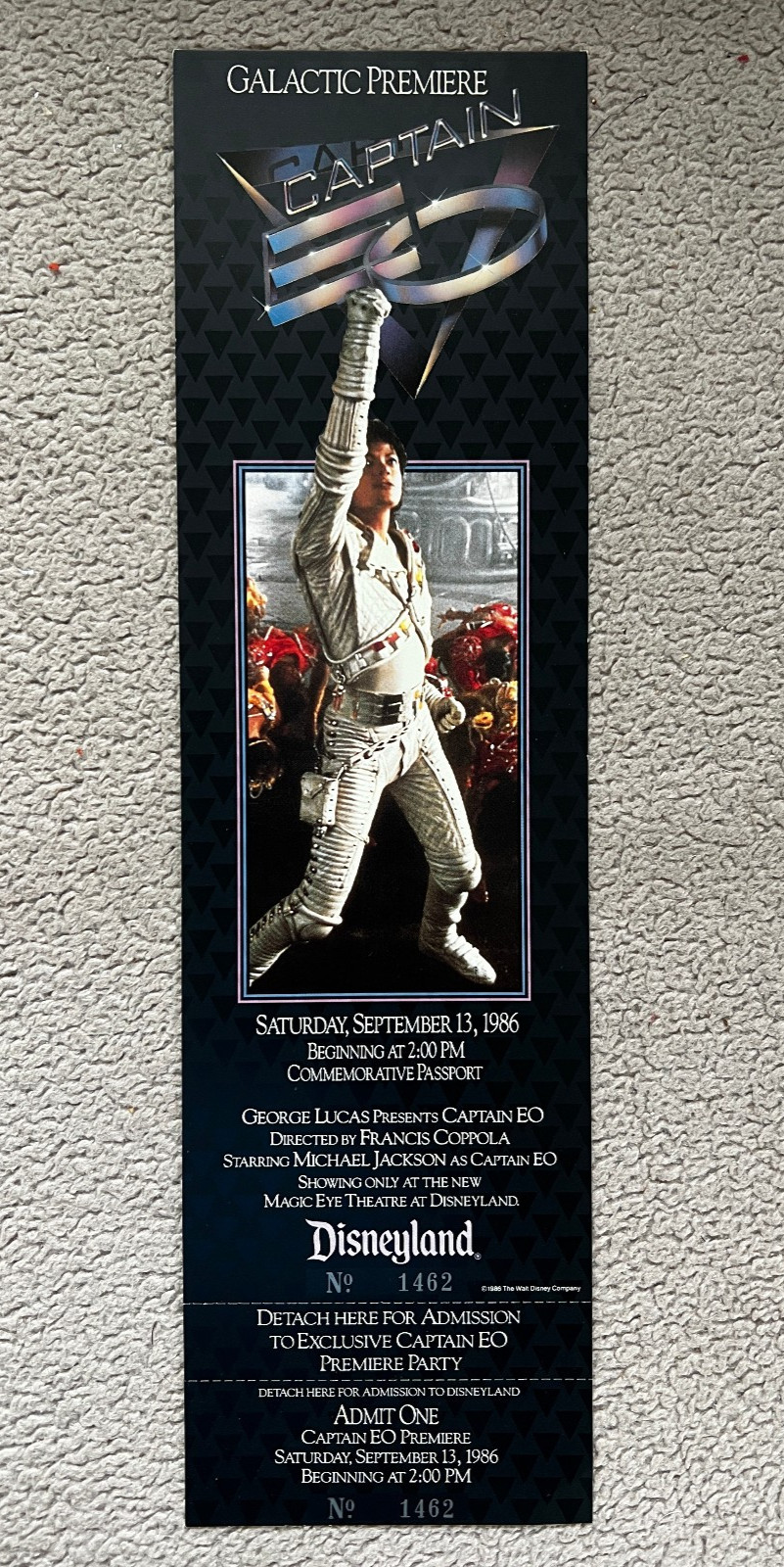 1986 Disneyland Michael Jackson Captain EO Galactic Premiere Unused Ticket. RARE