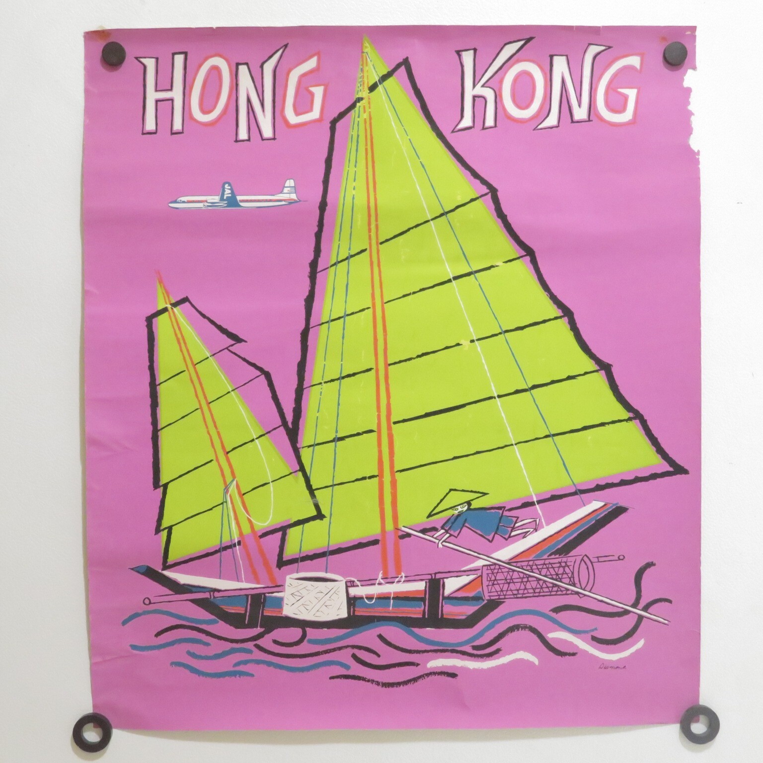 Vintage 1950s Travel Poster Hong Kong JAL Japan Airlines Signed Diamond AS IS