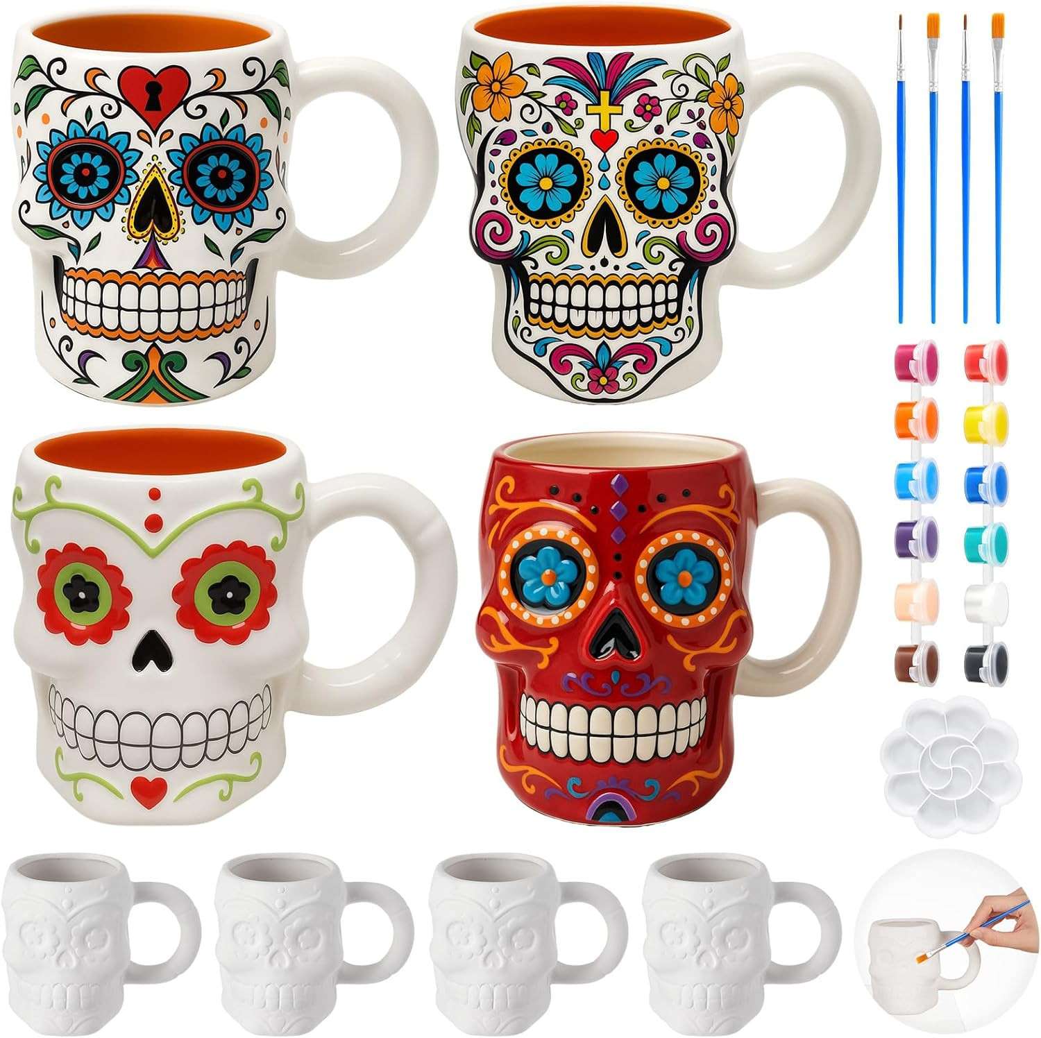 Set of 4 Halloween Day of the Dead Ceramic to Paint Halloween Sugar Skull Skelet