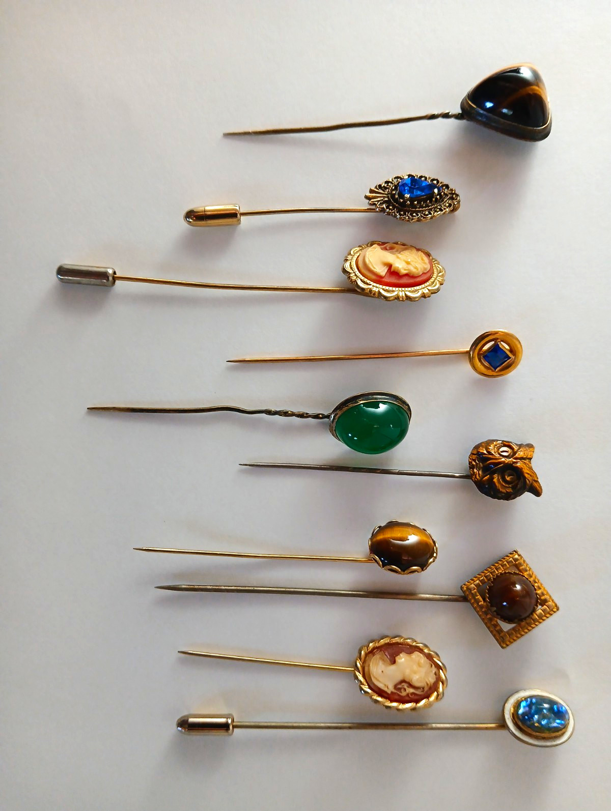 Lot of 10 Vintage Hatpins/Stick Pins Metal Glass Stones w/ Cameo Owl Head