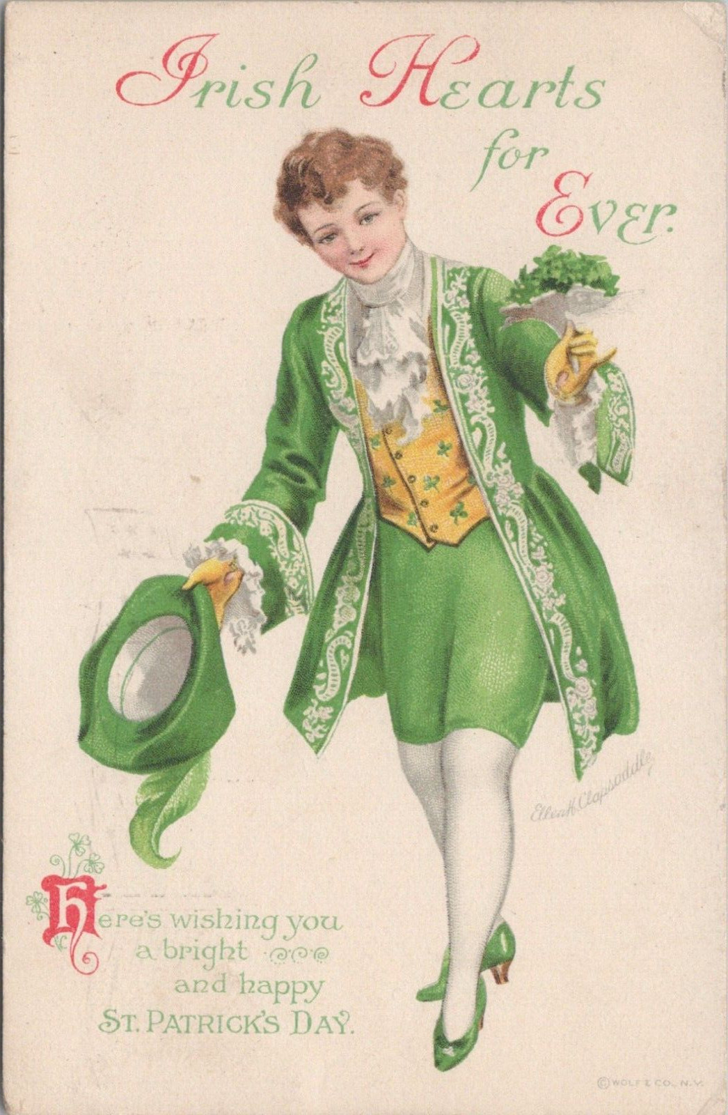 LITHO St. Patrick\'s Day Leprechaun Clapsaddle Signed 1919 Connersville Indiana
