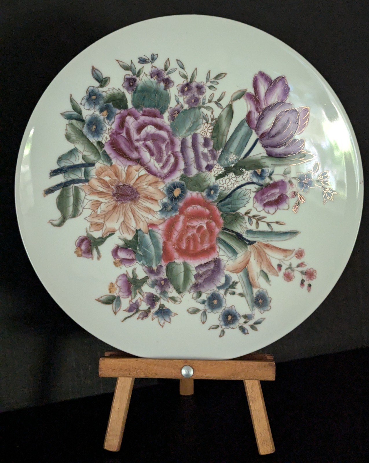 Large Vtg Chinese Style Floral Porcelain Display Charger Hand Painted Gold 13\