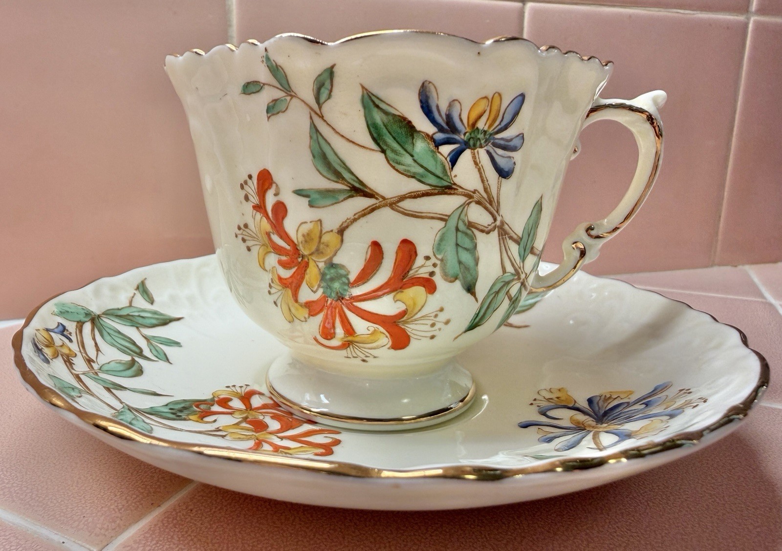 Vintage Aynsley England Hand Painted Honeysuckle Squared Cup & Saucer; Teacup