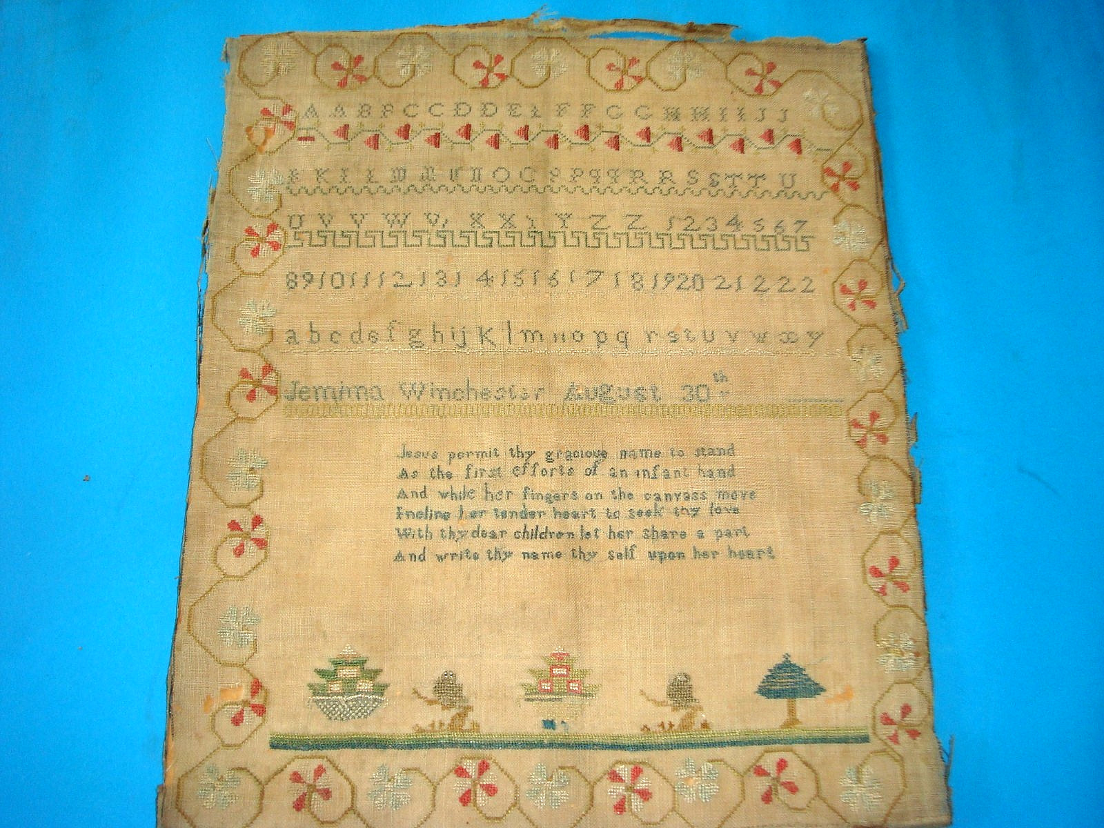 Early antique sampler by Jermima Winchester