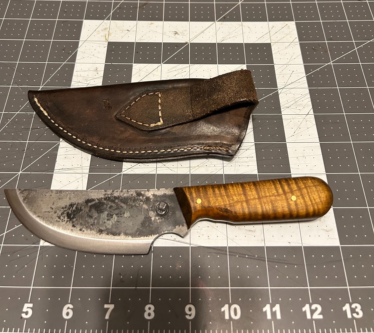 Custom forged Jeff White Shawnee classic fixed blade knife & leather sheath.