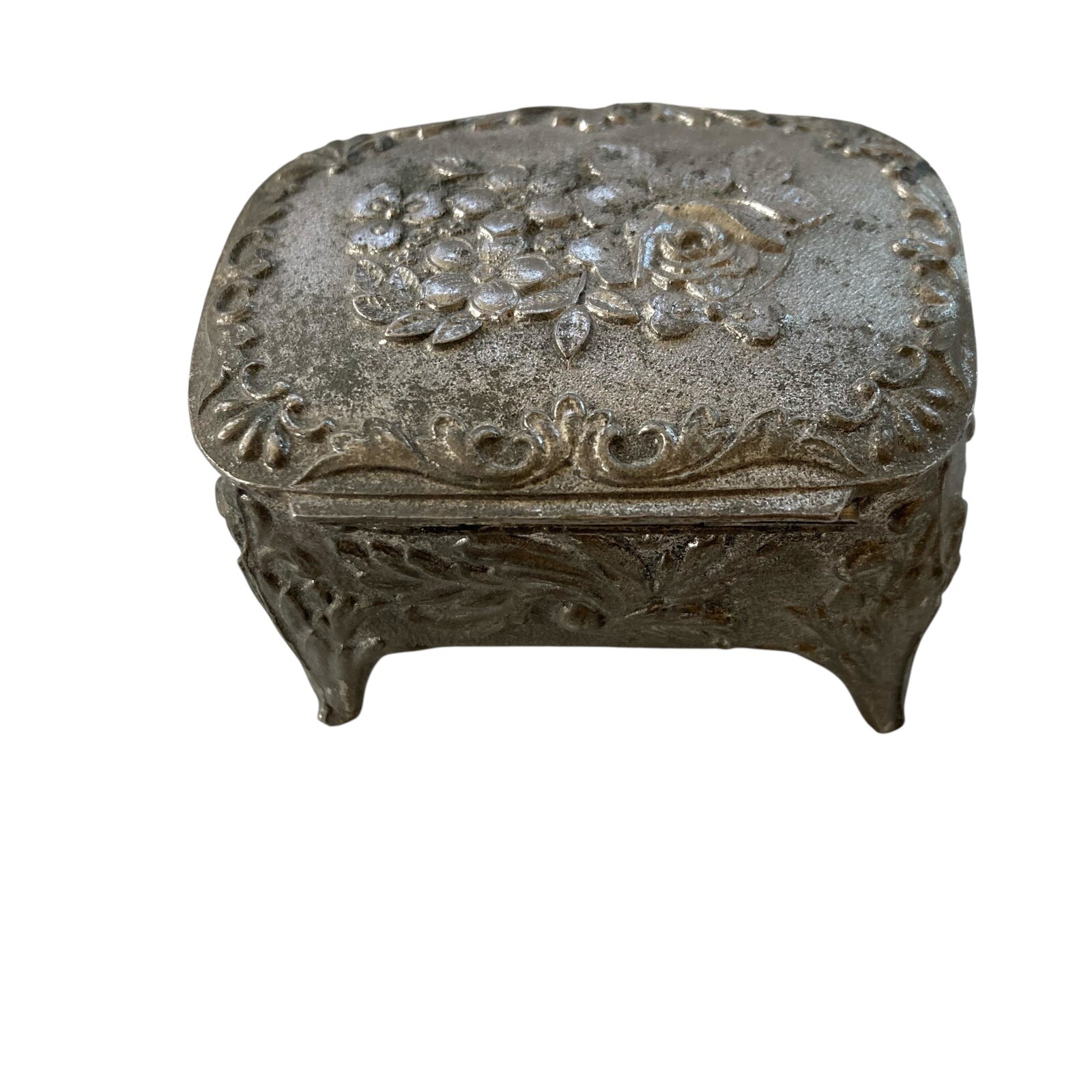 Antique Victorian Art Nouveau  Spelter Metal Ring Casket Jewelry Box Trinket
