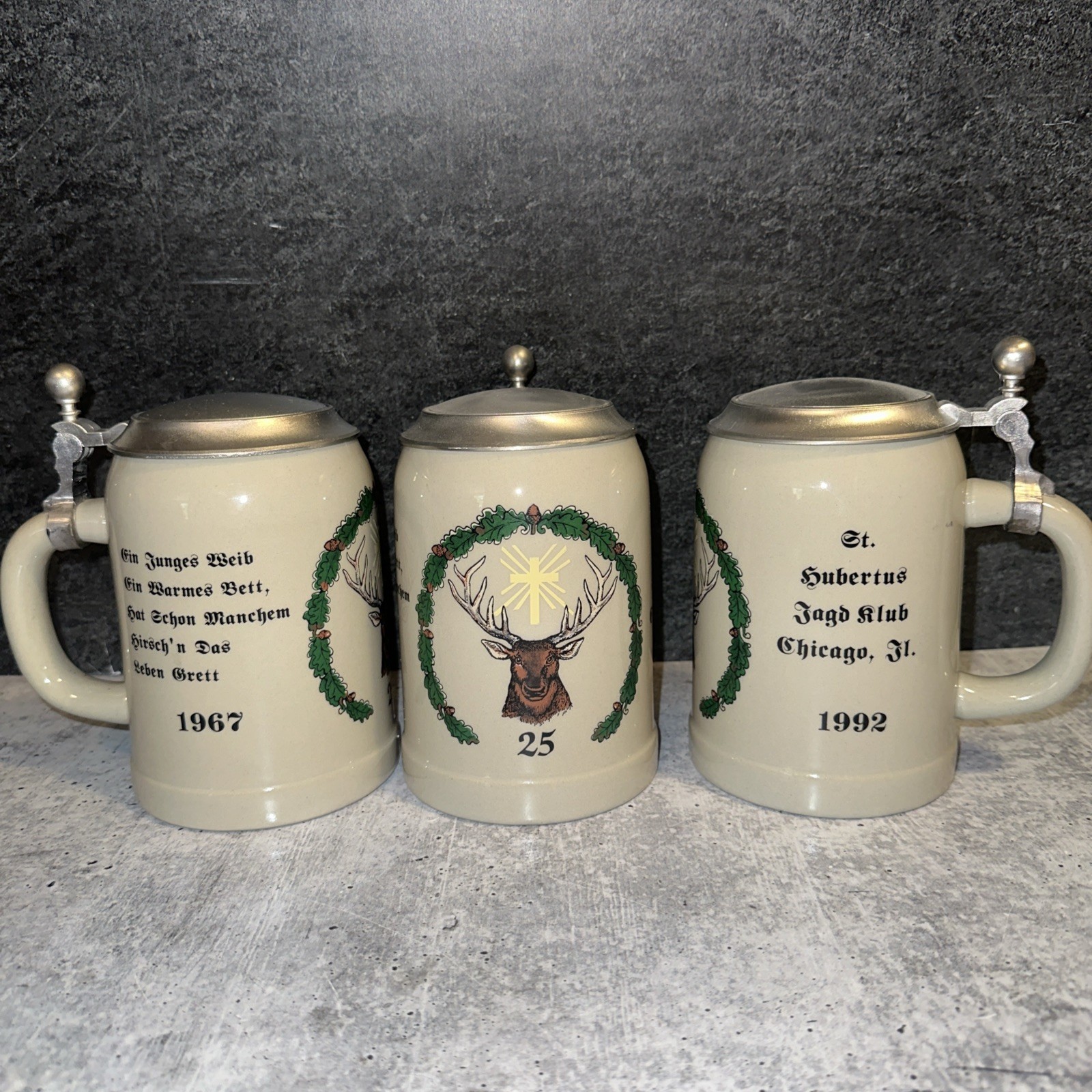 3 Vintage 1992 St Hubertus Jagd Klub Chicago Beer Stein 25th Anniversary German