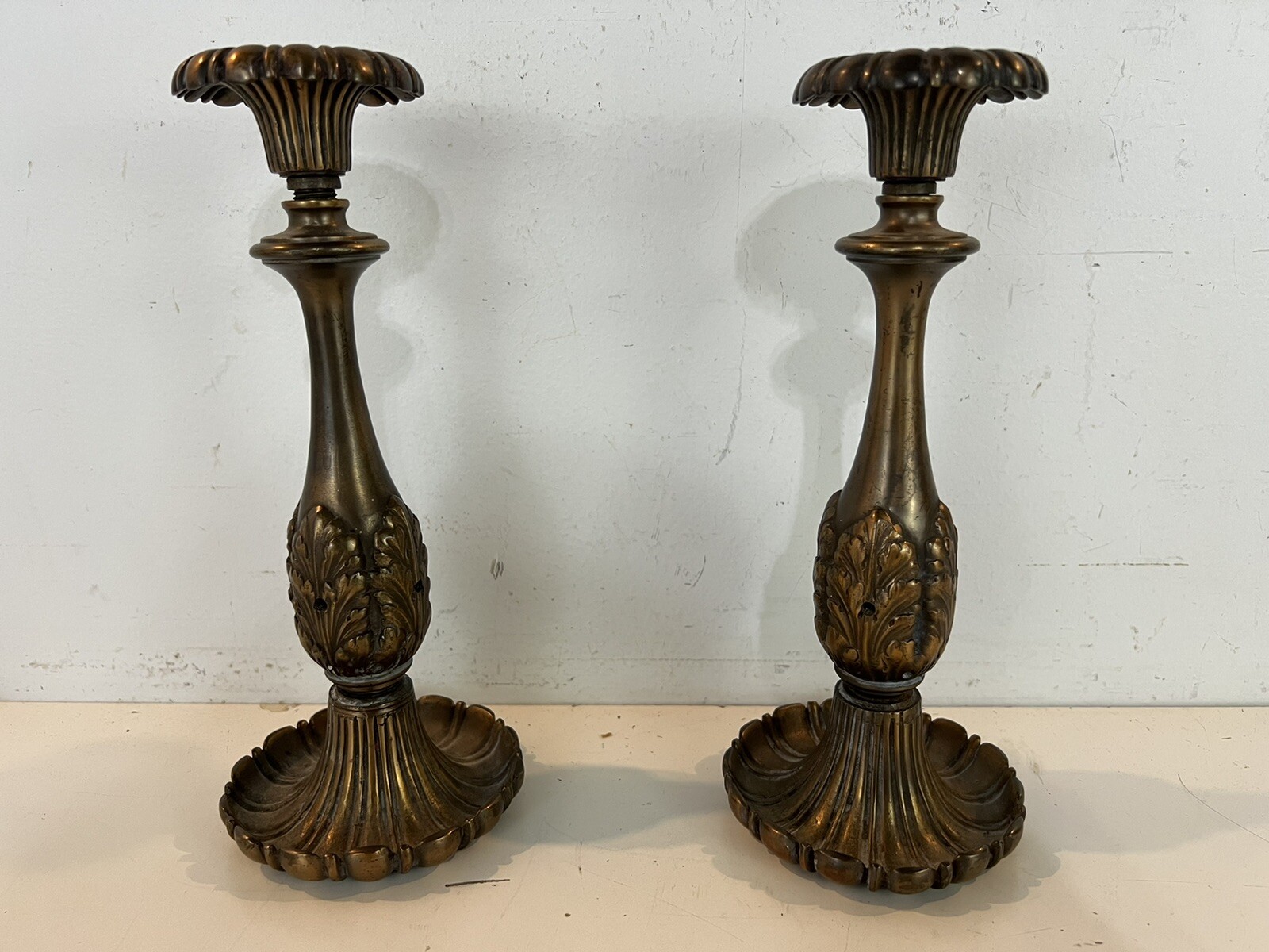 Vintage Pair of Ornate Floral Decorated Bronze Candle Holders