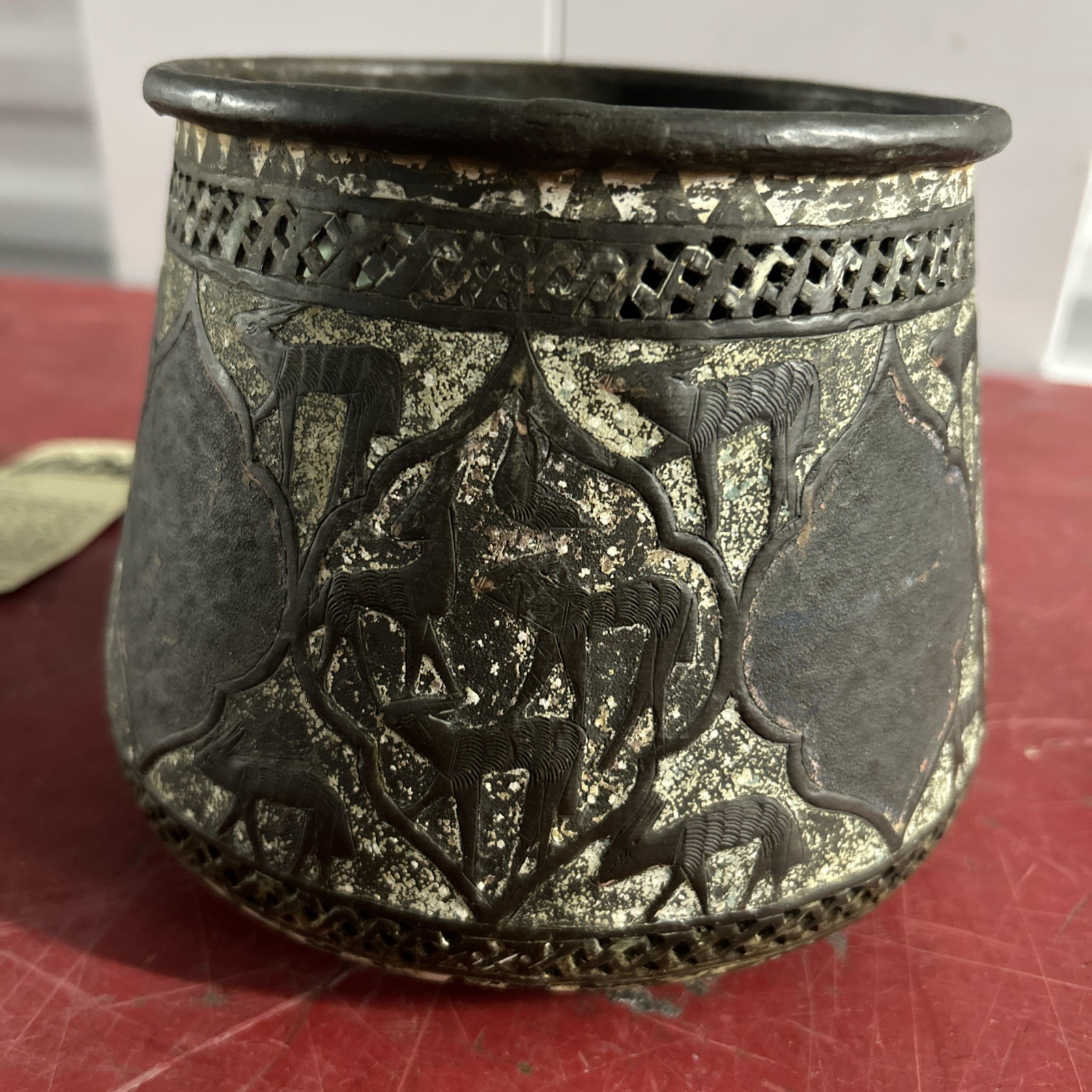 **SALE** Rare Antique Islamic Pierced Brass w/ Copper/Silver Inlay Bowl, Unique