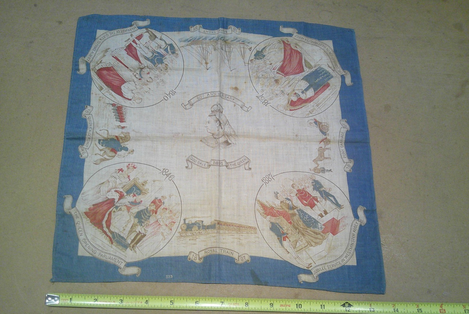 Vtg QUEEN VICTORIA JUBILEE 1897 Antique Linen Handkerchief ROYALTY No tears VVGC