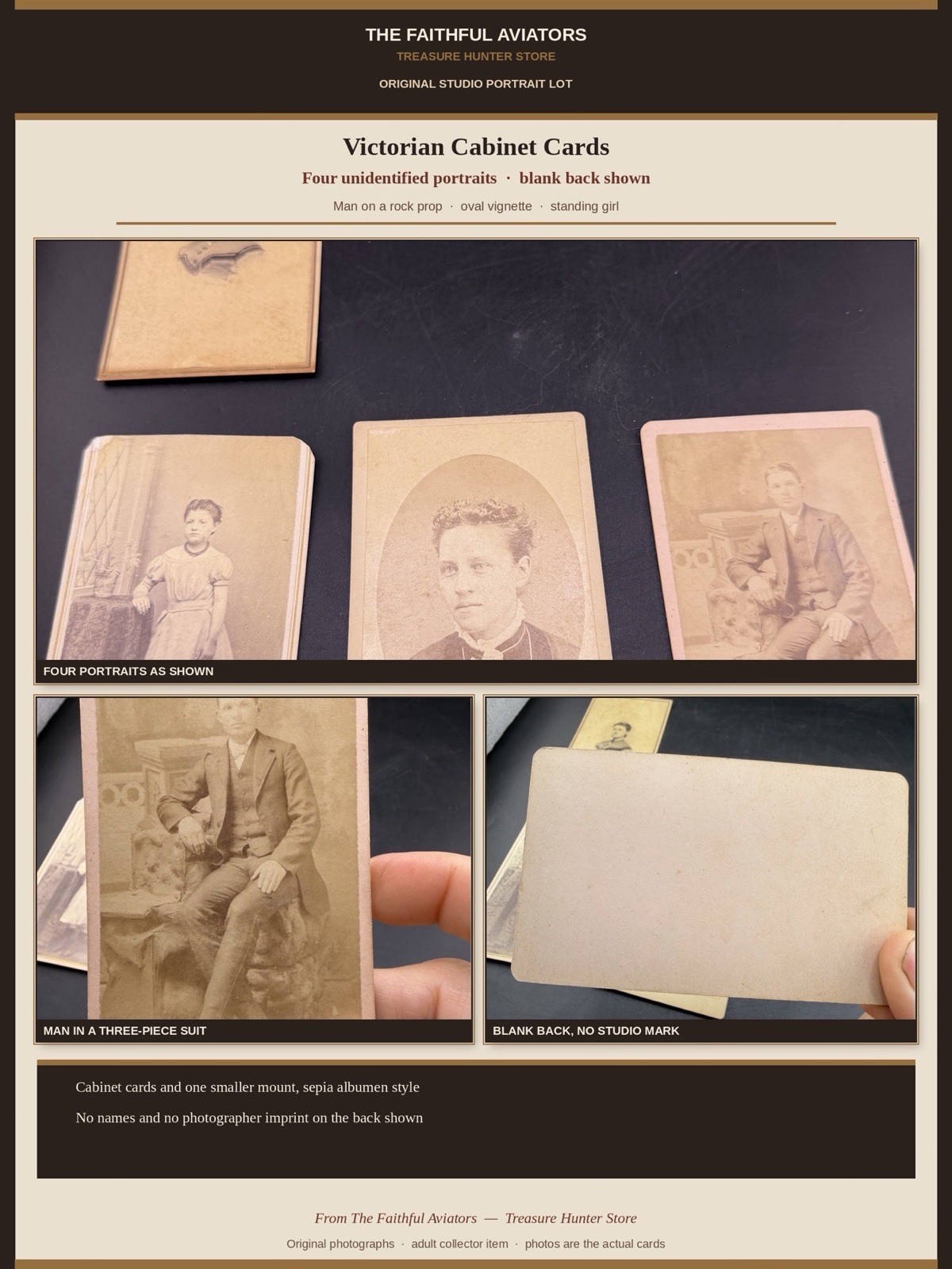 Victorian Cabinet Card Lot 4 Antique Studio Portraits CDV Sepia Unidentified