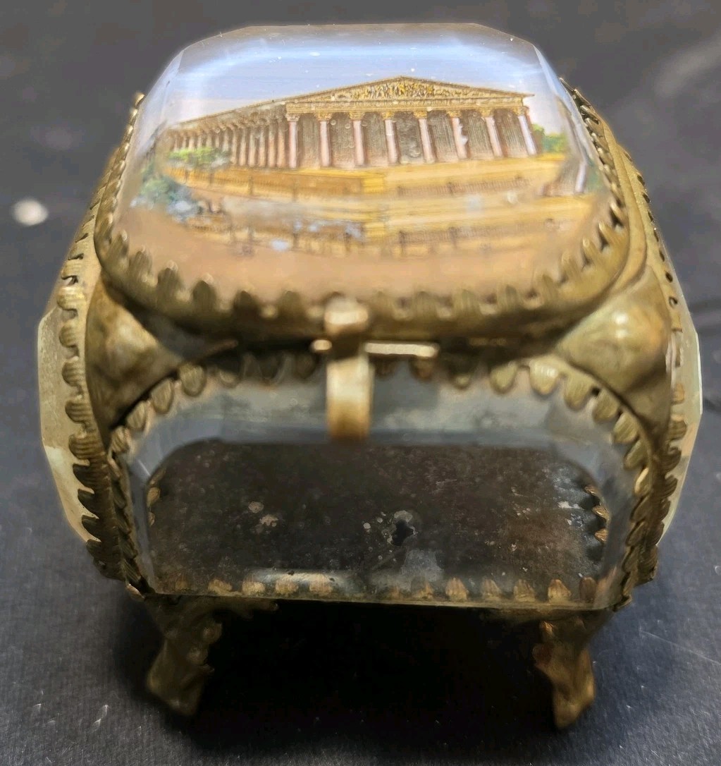 Antique French Ormolu Beveled Glass Trinket Box Casket Eglomise La Madeleine