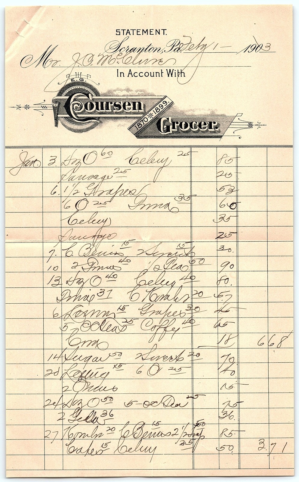 Vintage 1903 S.C.M. Coursen Grocer Billhead Frampton, PA