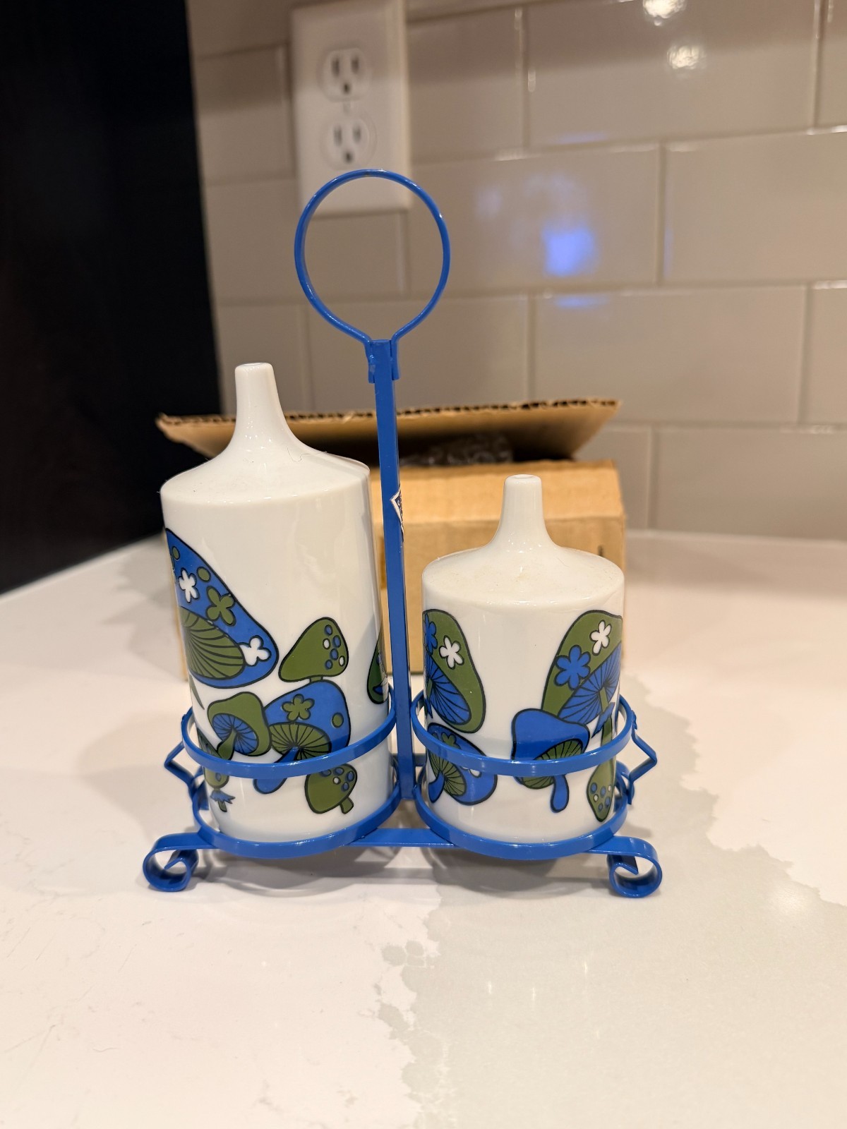 NOS Vintage 70s Takahashi SF Blue Green Mushroom Cruet Set Ceramic Japan MINT BO