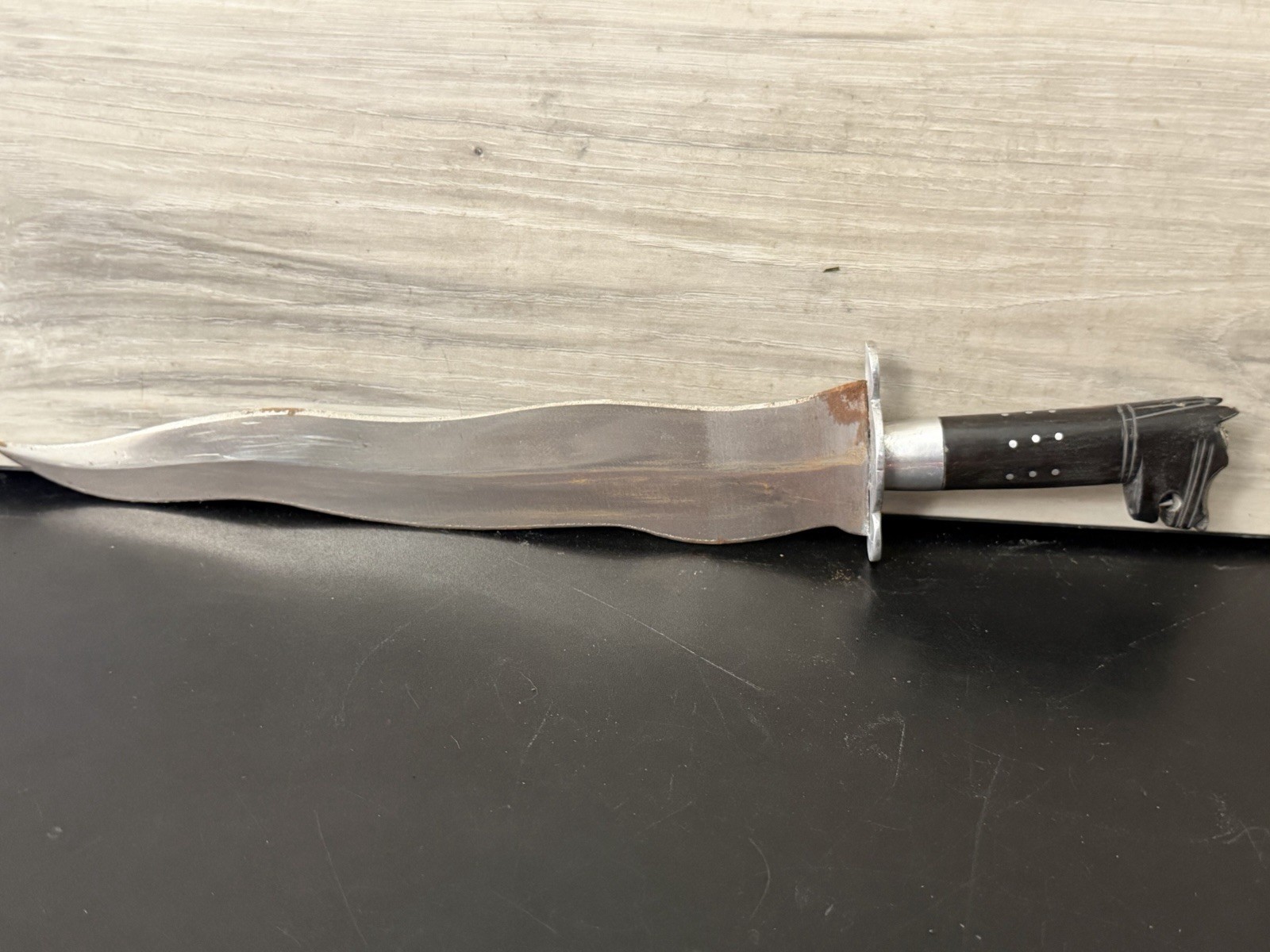 Ornate Knife Ceramonial Snake Bkade Wood Handle Dog Demon Brass Tip Sheath