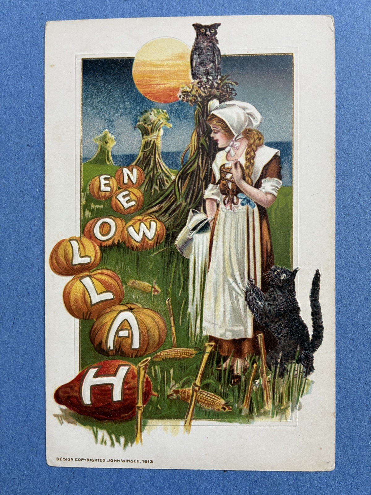 Vtg 1913 Halloween Postcard John Winsch Cat Owl Pumpkins Winsch Girl UNUSED