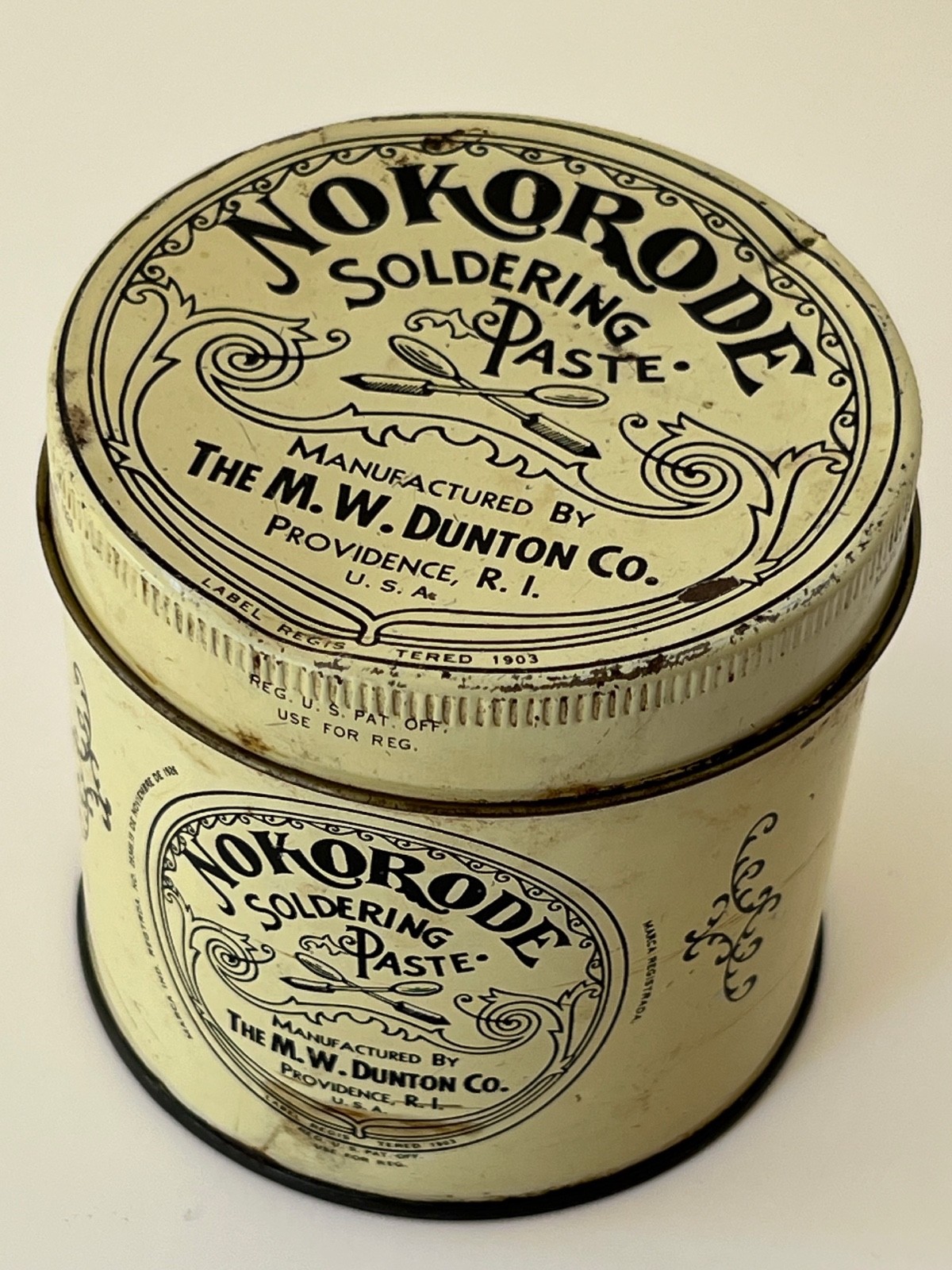 Vtg NOKORODE SOLDERING PASTE METAL CAN M.W. DUNTON Providence RI 16 Oz  3/4 FULL