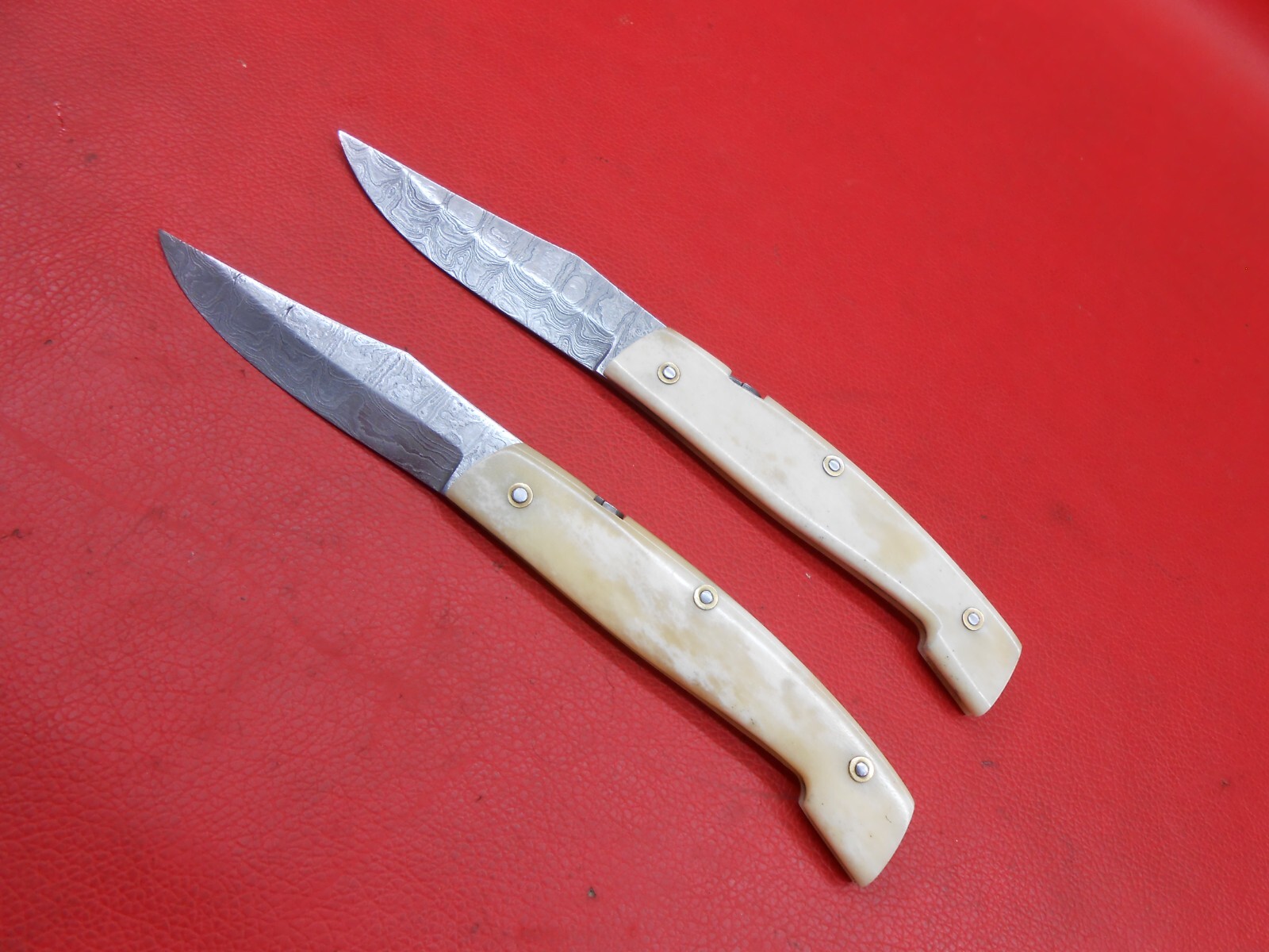 Custom Made Damascus 2 Pcs Friction Folder Knife Bone Handle With Sheath S563