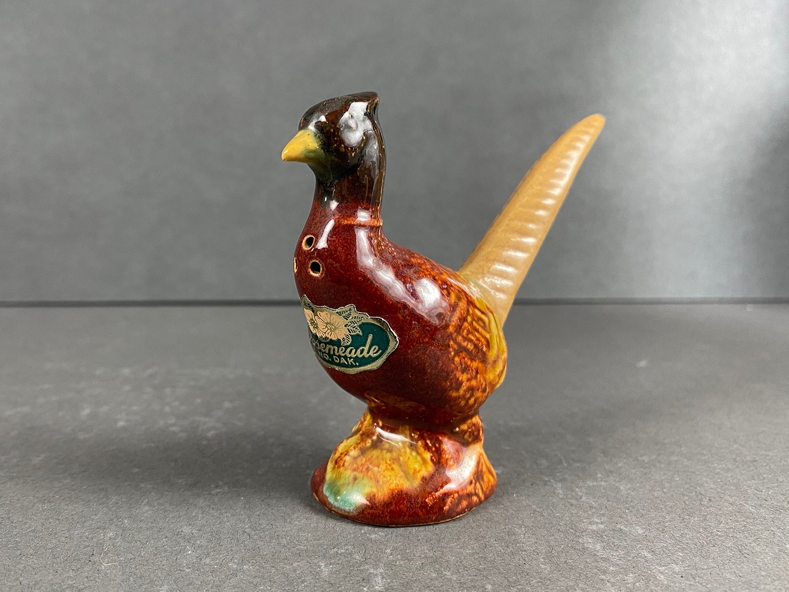 Vintage Rosemeade Pottery Pheasant,  Rooster Salt Shaker, North Dakota, Label