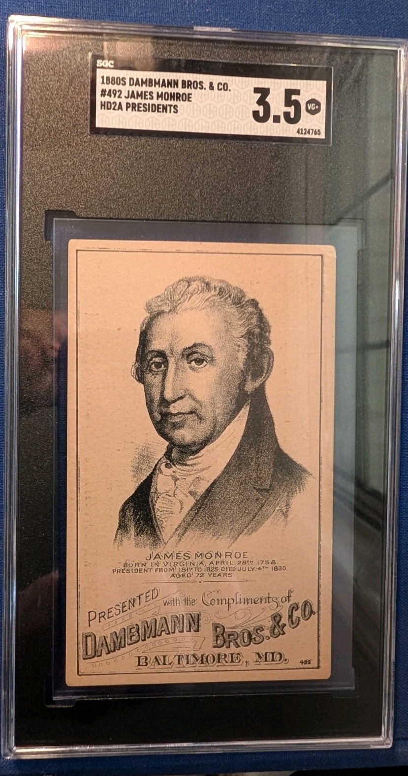1880s Hd2a US Presidents James Monroe SGC 3.5 VG+ Dambmann Bros & Co