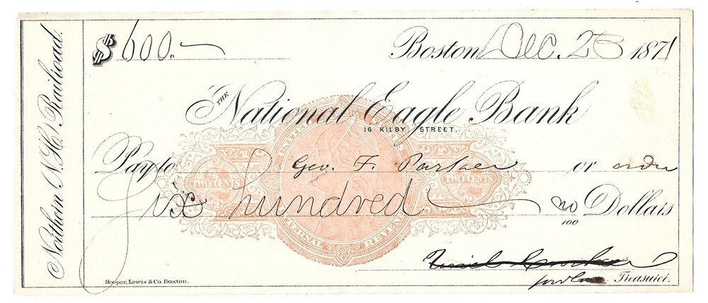Uriel Crocker Signed 1871 Northern NH Railroad Draft