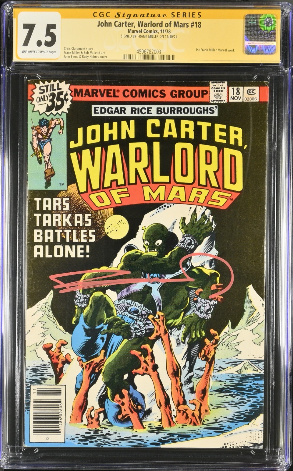 John Carter Warlord of Mars #18 CGC SS 7.5 Signed FRANK MILLER 1ST MARVEL WORK