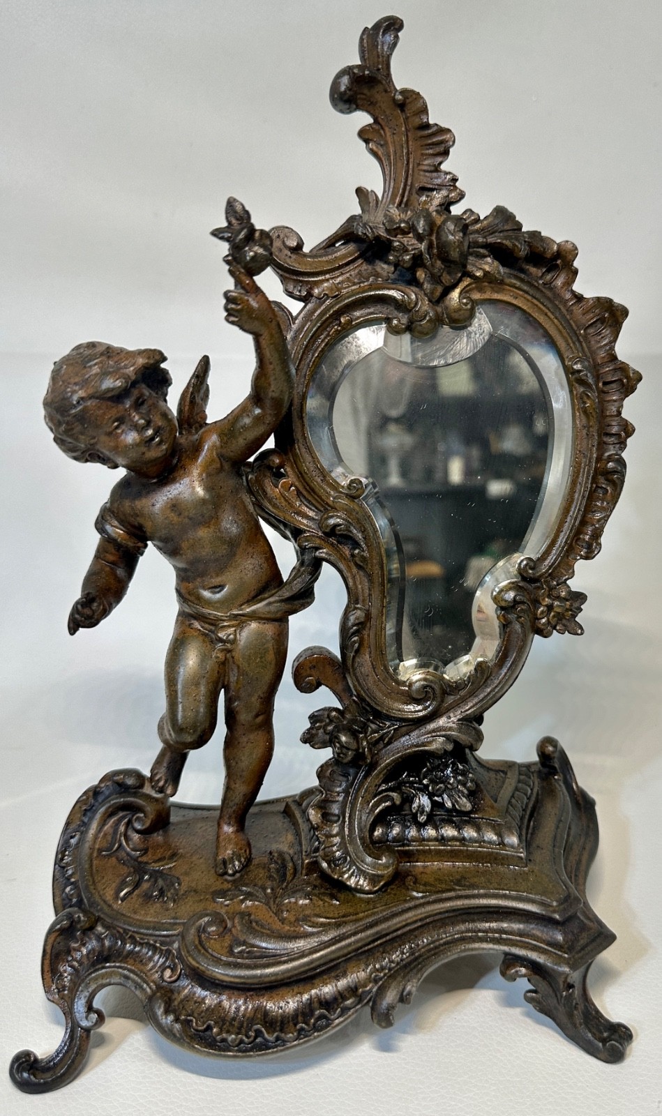 Antique French Louis XV Style Bronzed Metal Copper Table Bevel Mirror Cherub