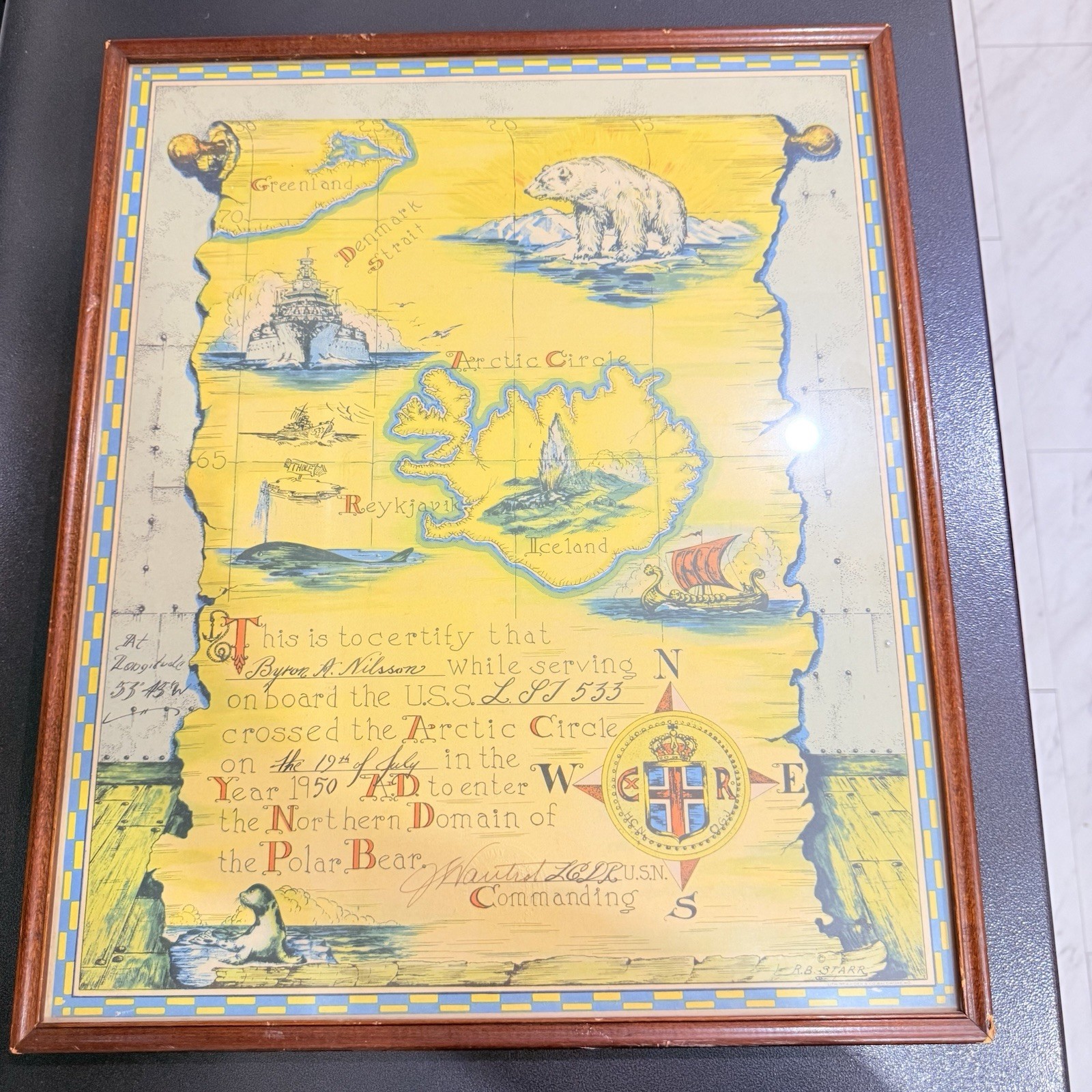 WWII U.S. Navy Arctic Circle Crossing Certificate Framed Nautical 1950 Signed