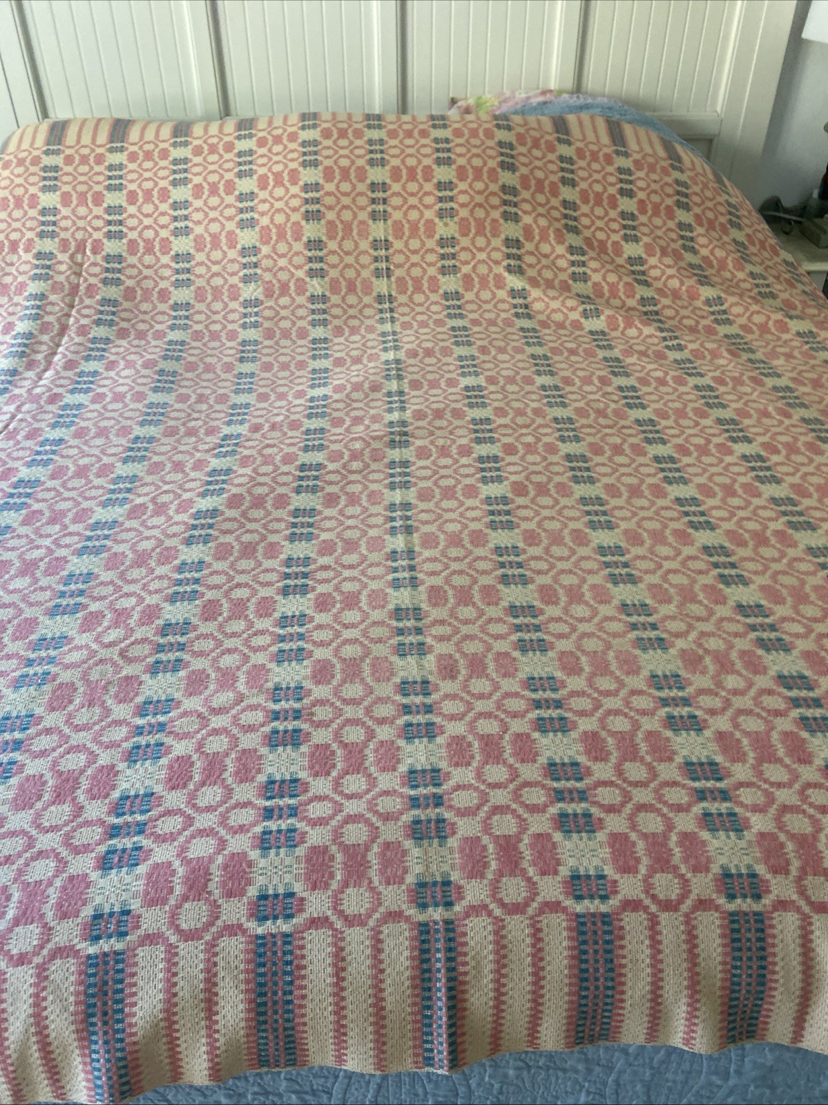 Vintage MCM  Woven Coverlet  - Teal Pink Tan Geometric Pattern 82 X 104”
