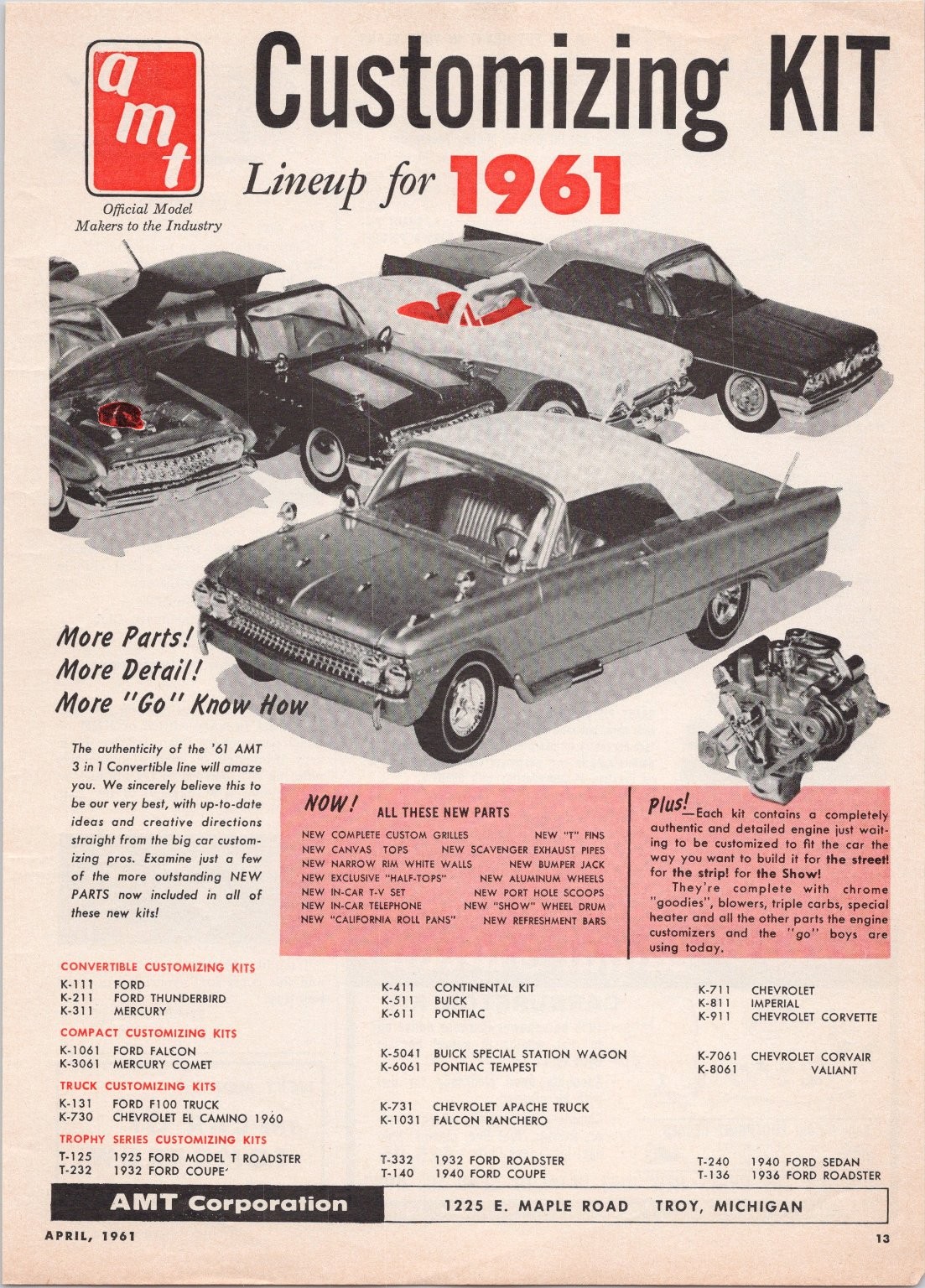 AMT Customizing Kit 1961 Lineup Vintage Magazine Ad Model Car Parts April 1961