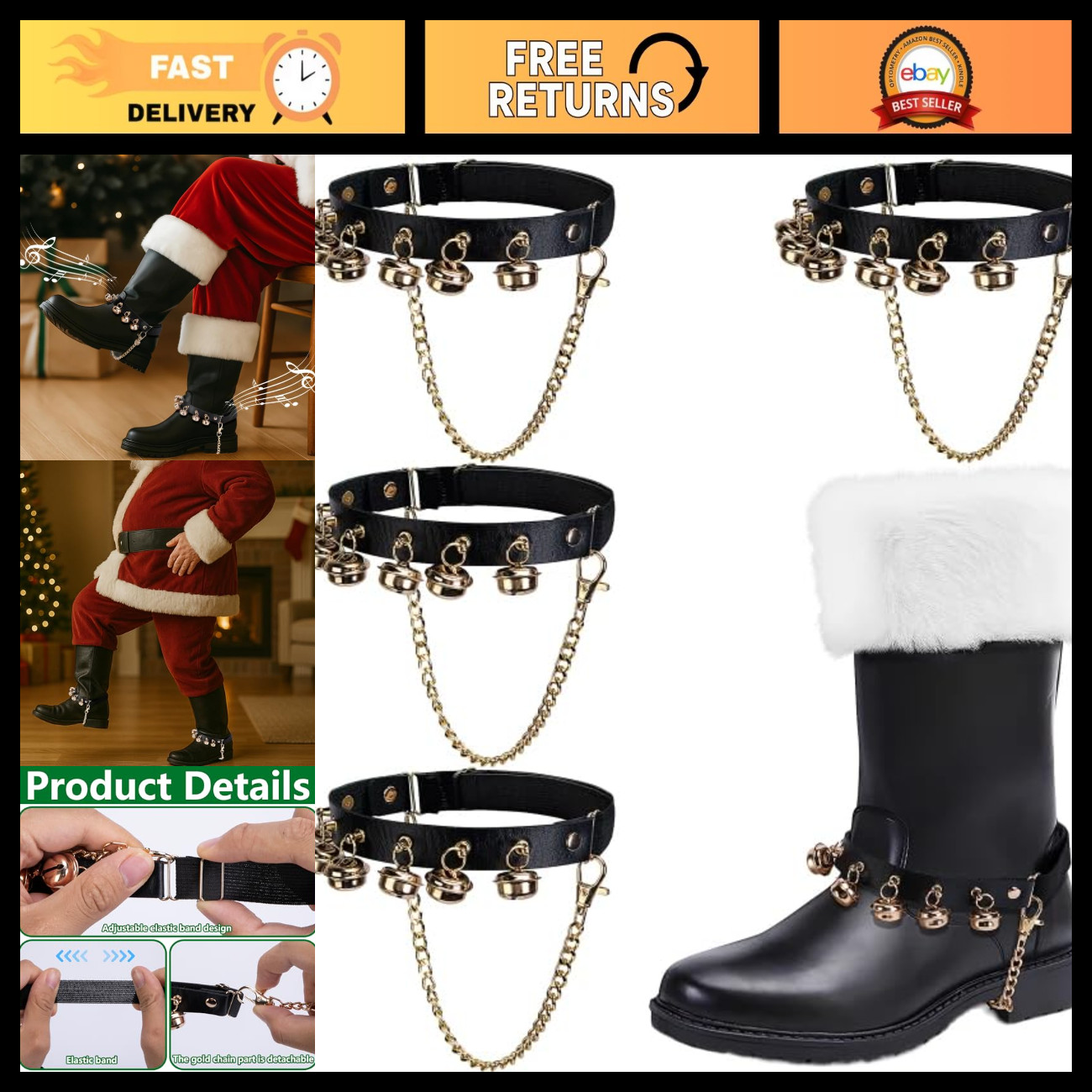 Adjustable Christmas Santa Claus Boots with Brass Copper Bells - 4 Pcs Set