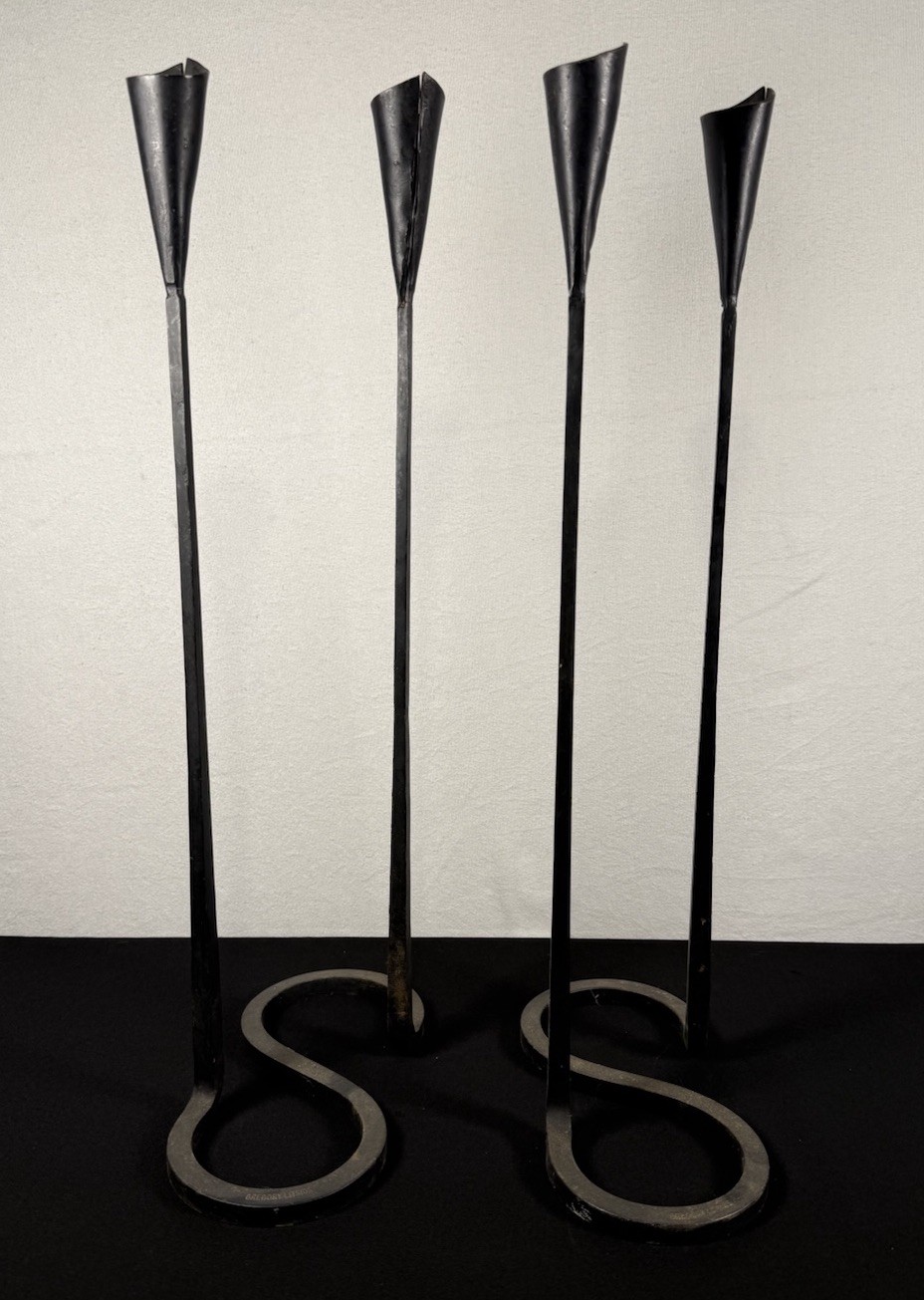 Pair Of VTG Gregory Litsios 21” Modernist Wrought Iron Double Candle Holders