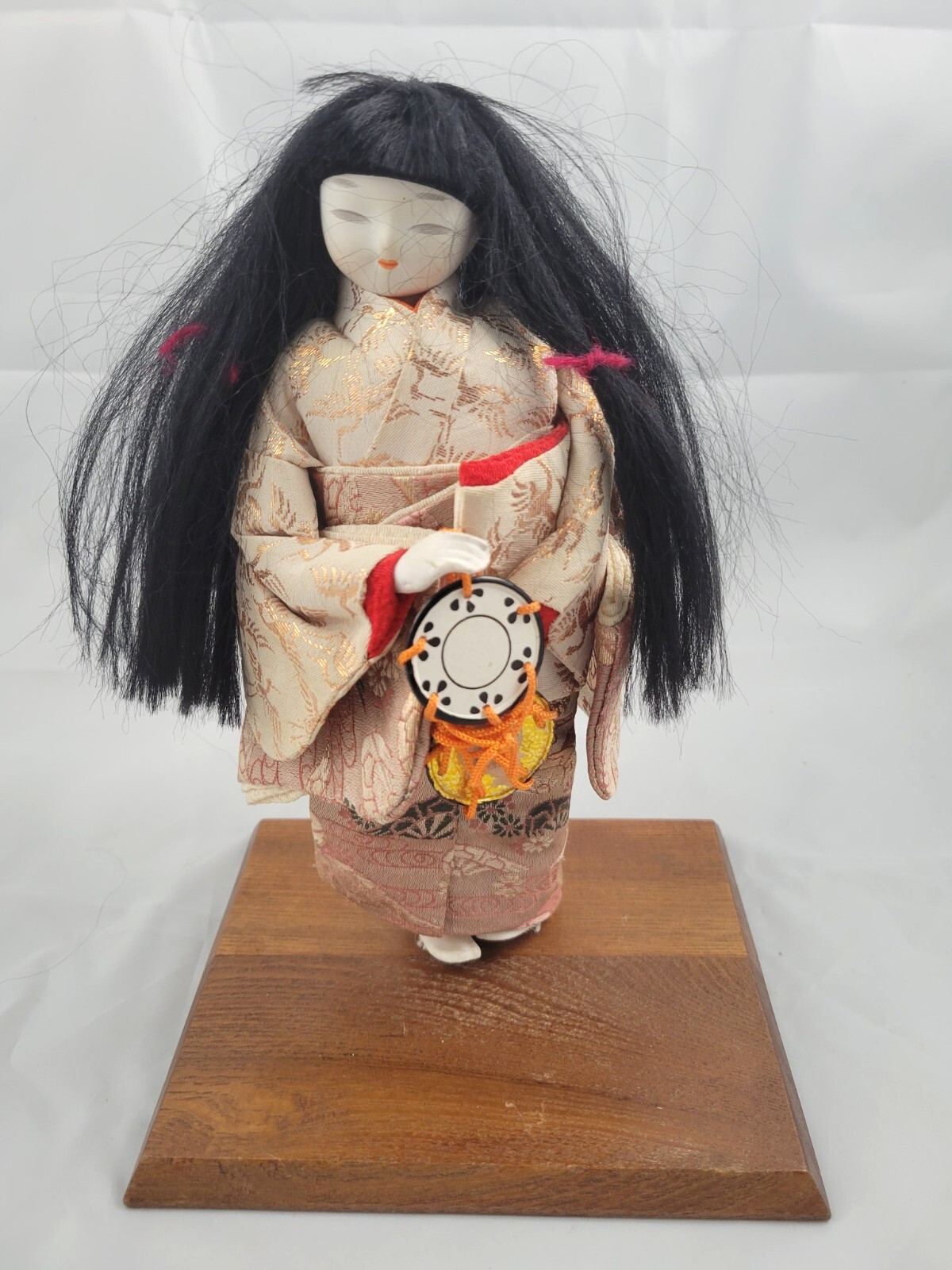 Vintage Japanese Porcelain Geisha Doll with Tsuzumi Drum Silk Kimono 10.5\