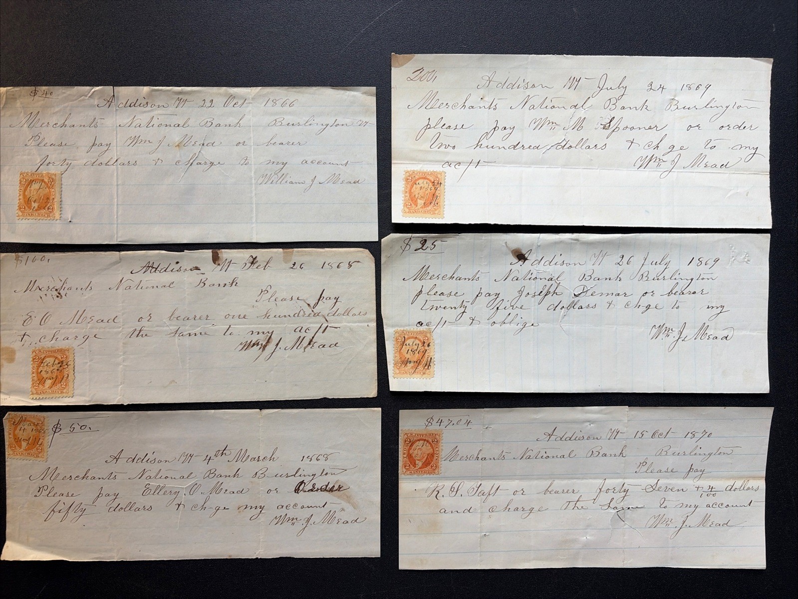 1866-1870 William J Mead 6 Signed Vermont Bank Checks Addison VT Revenue Stamps